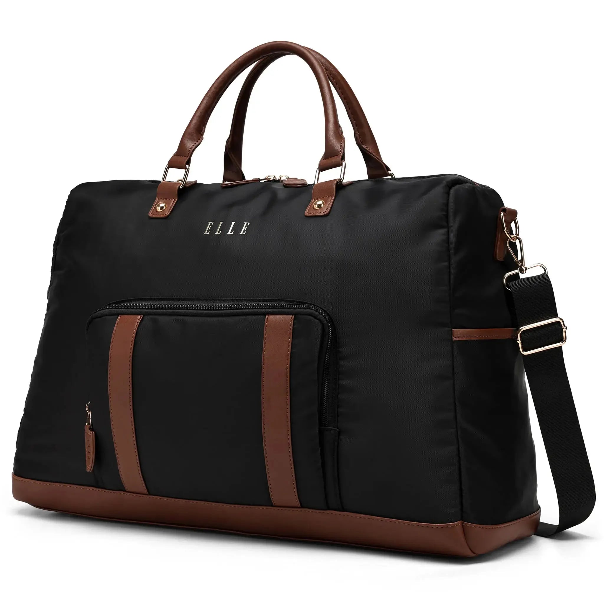 Black duffel bag with brown accents and 'ELLE' branding on a white background