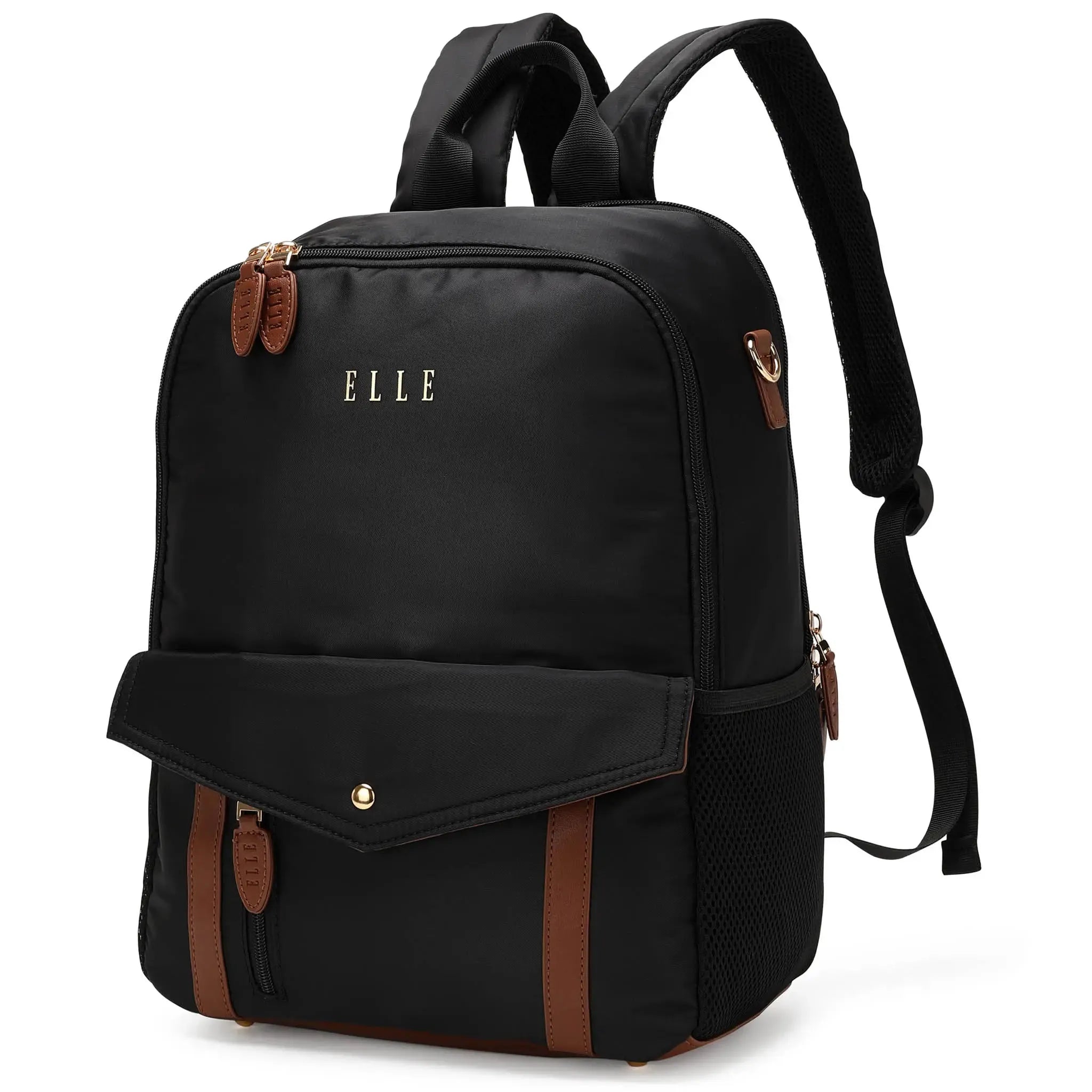 Black backpack with brown accents and 'ELLE' branding on a white background