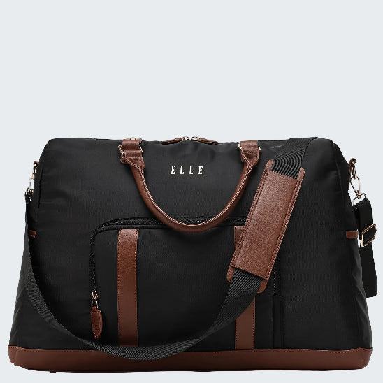 Black duffel bag with brown accents and 'ELLE' branding on a white background