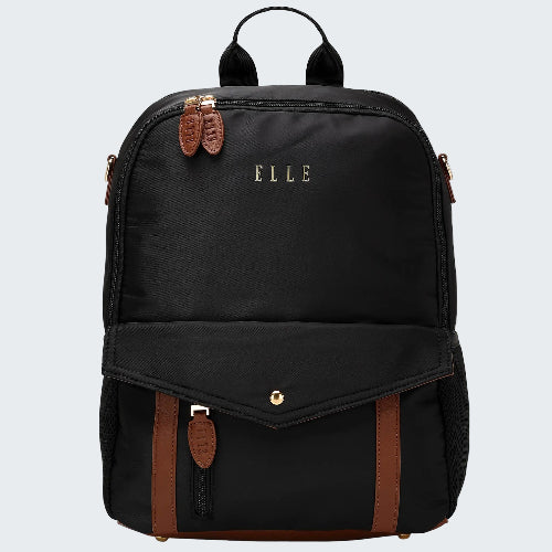 Black backpack with brown accents and 'ELLE' branding on a white background