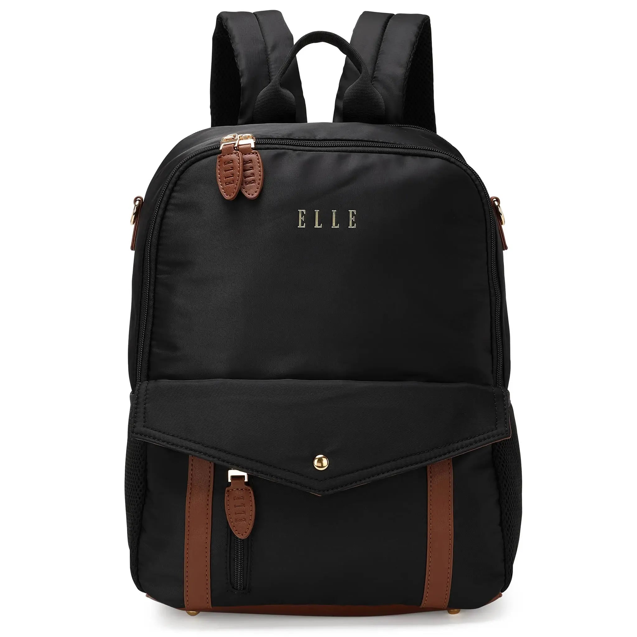 Black backpack with brown accents and 'ELLE' branding on a white background