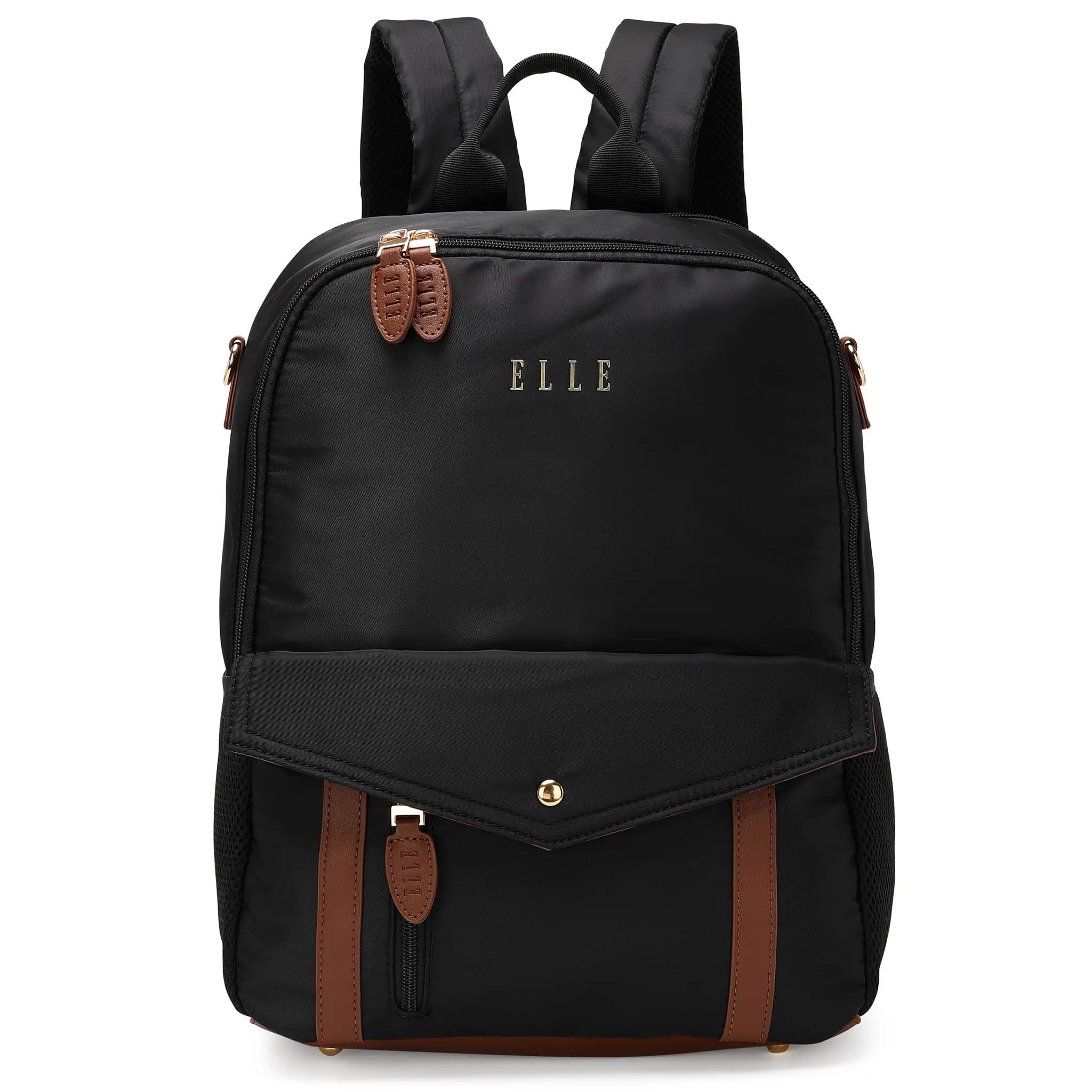 Black backpack with brown accents and 'ELLE' branding on a white background