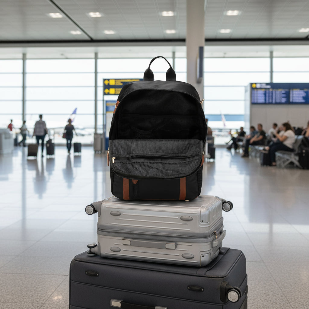 Black backpack with brown accents on a white background