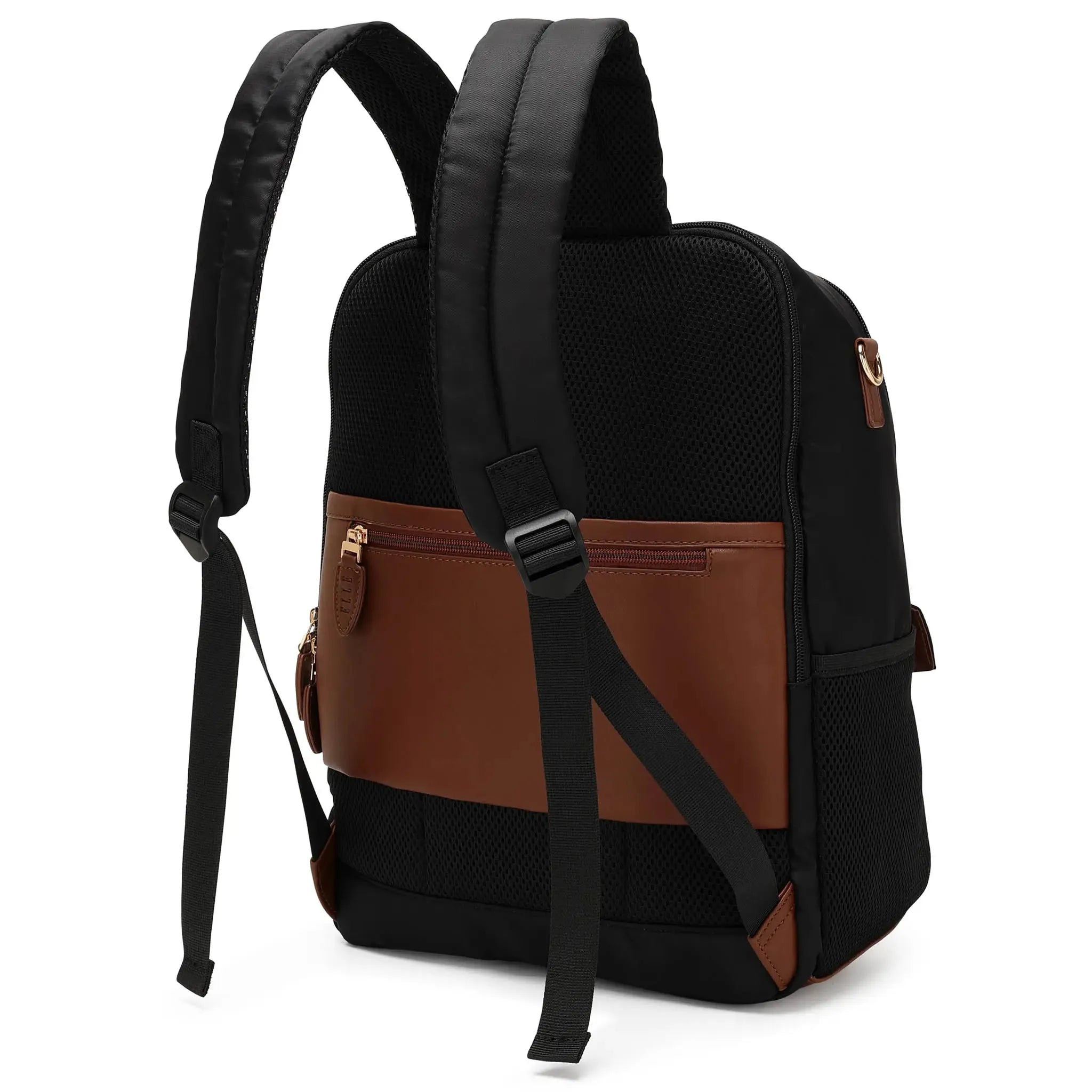 Black and brown backpack with a visible brand logo on a white background