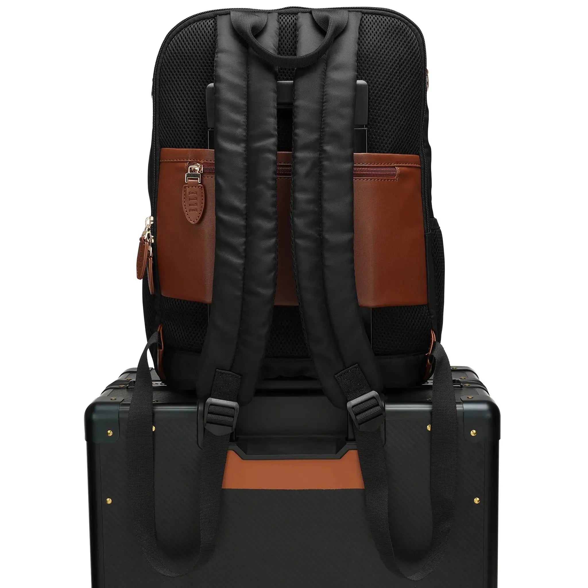 Black backpack with brown accents on a white background