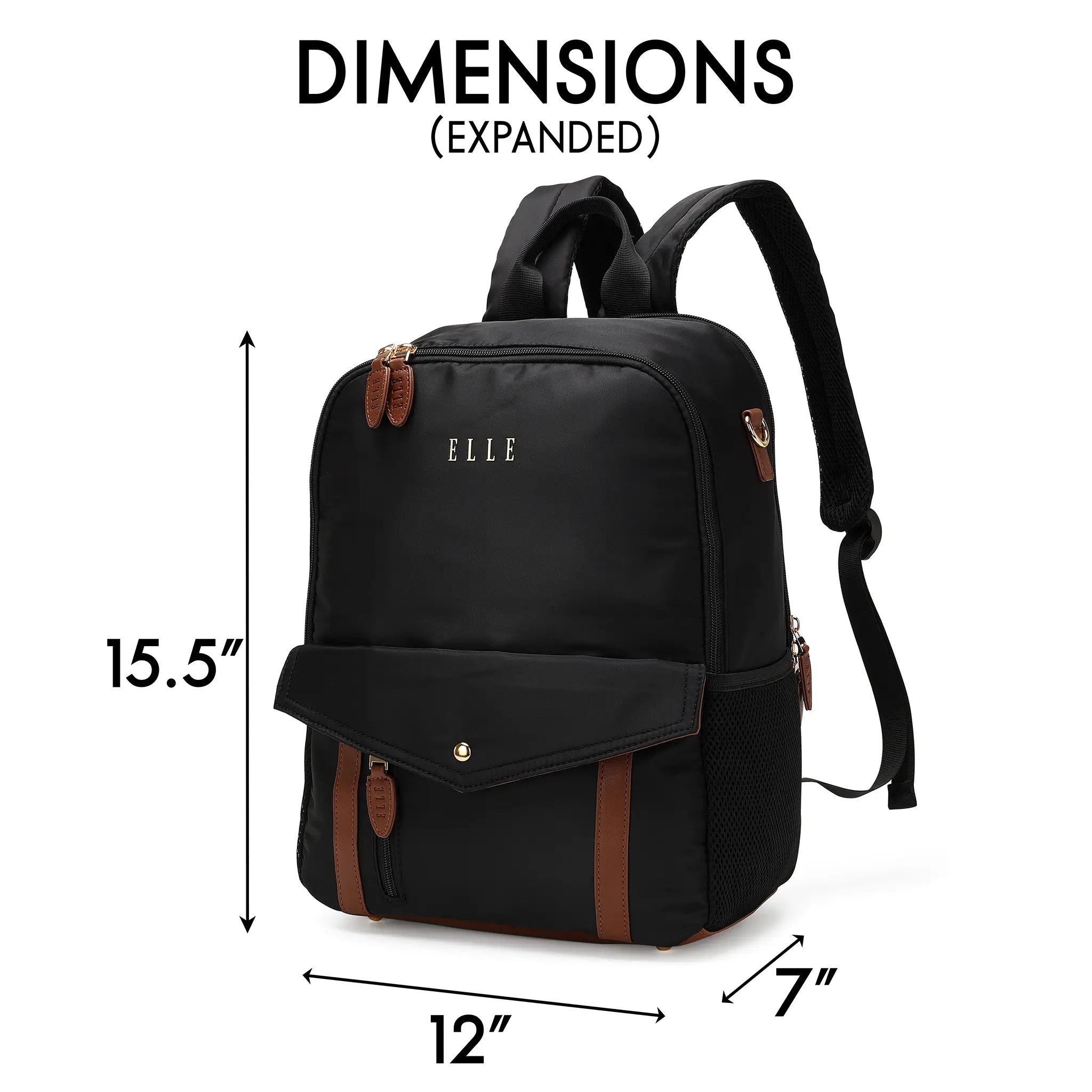 Black backpack with dimensions labeled on a white background