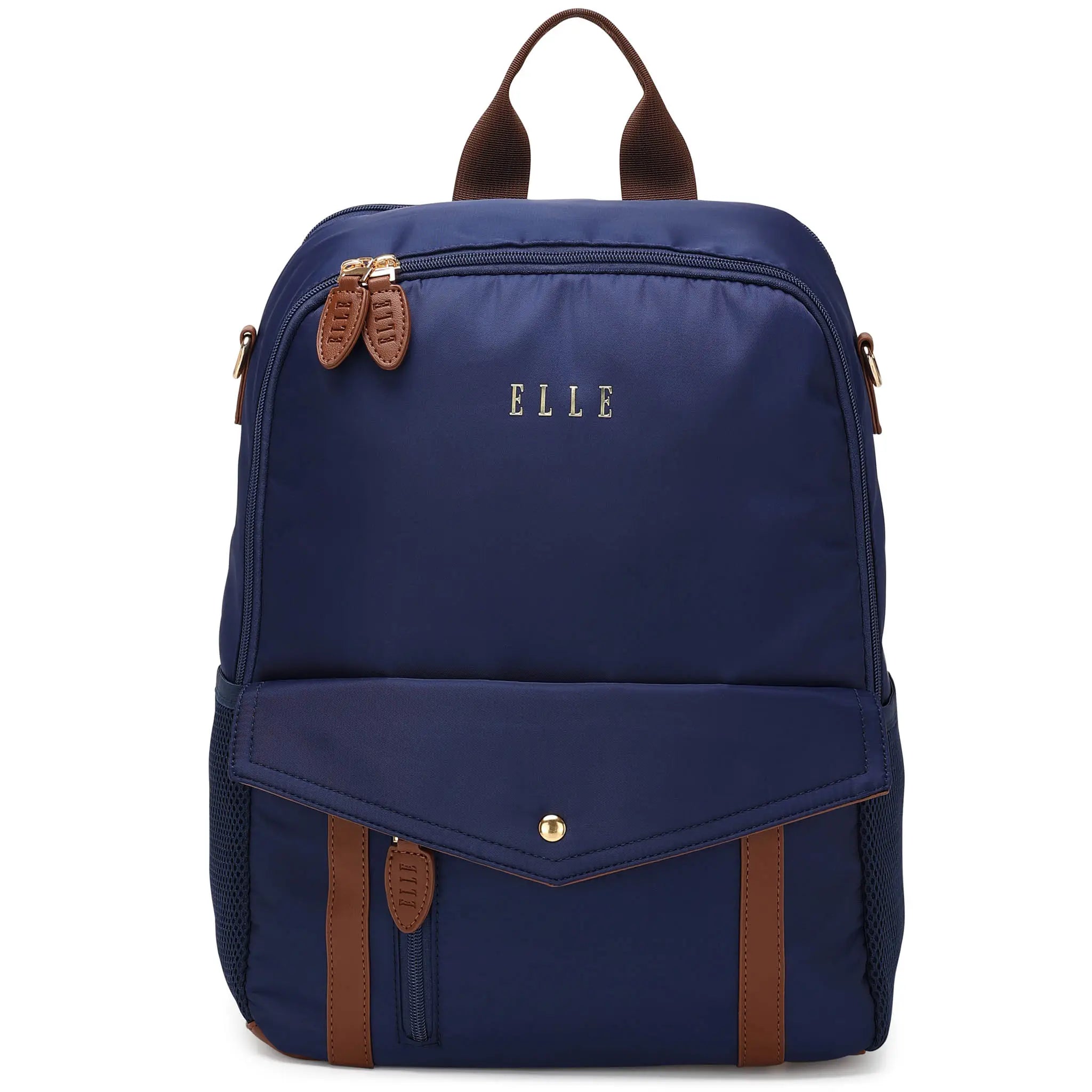 Blue backpack with brown accents and 'ELLE' branding on a white background