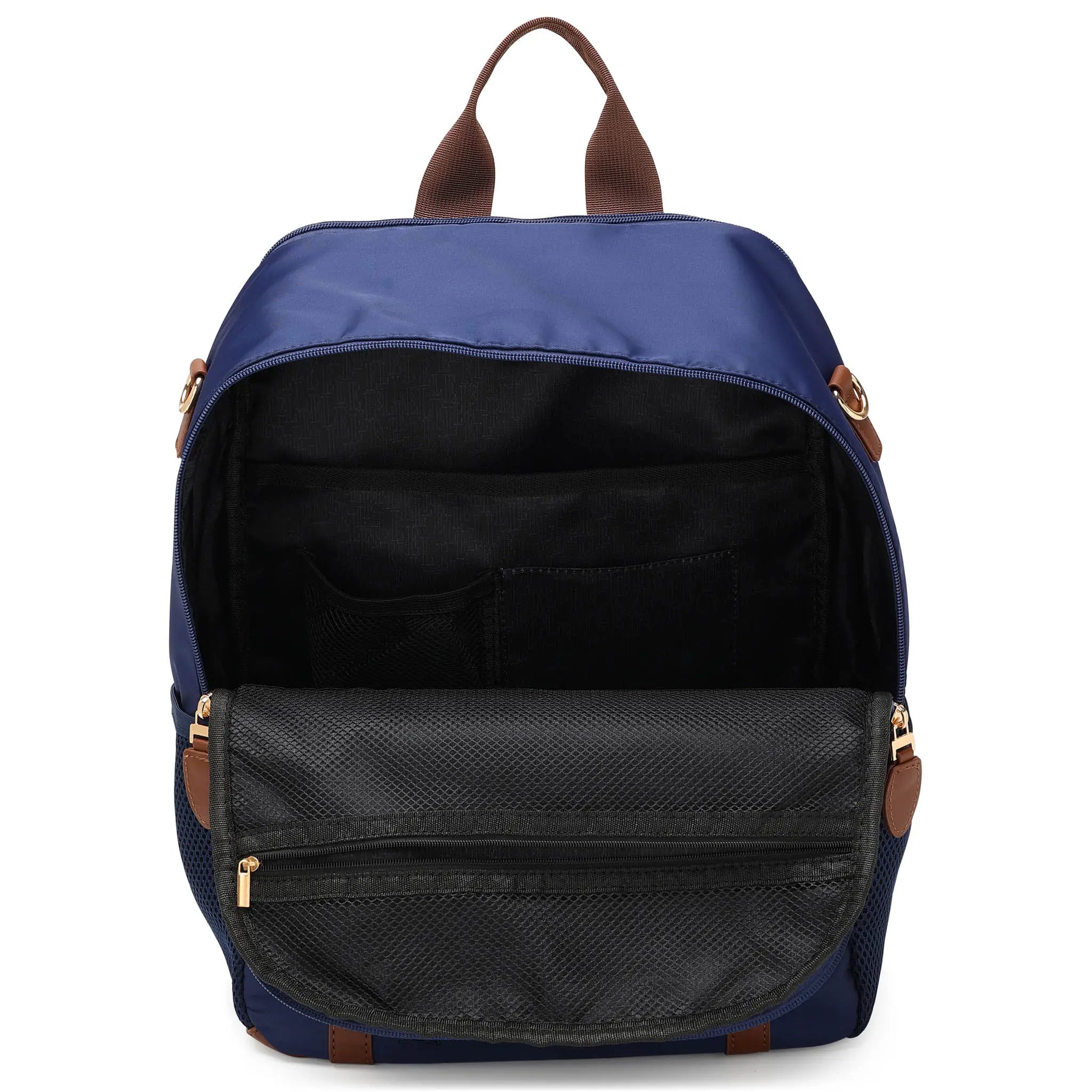Blue and black backpack with brown accents on a white background