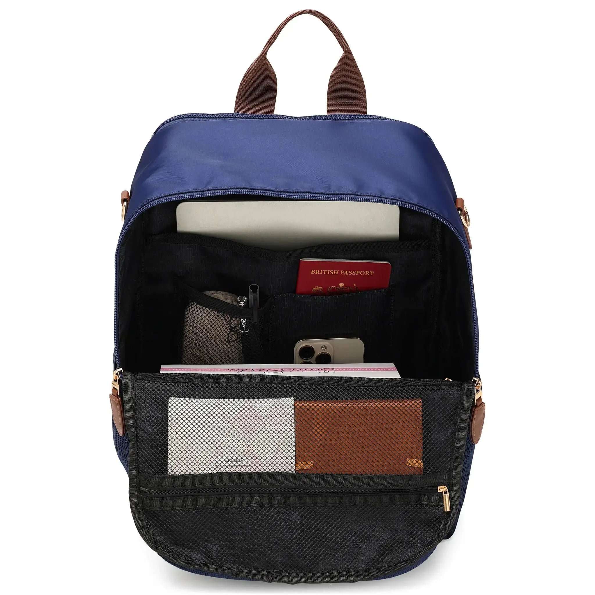 Blue backpack with compartments and items on a white background