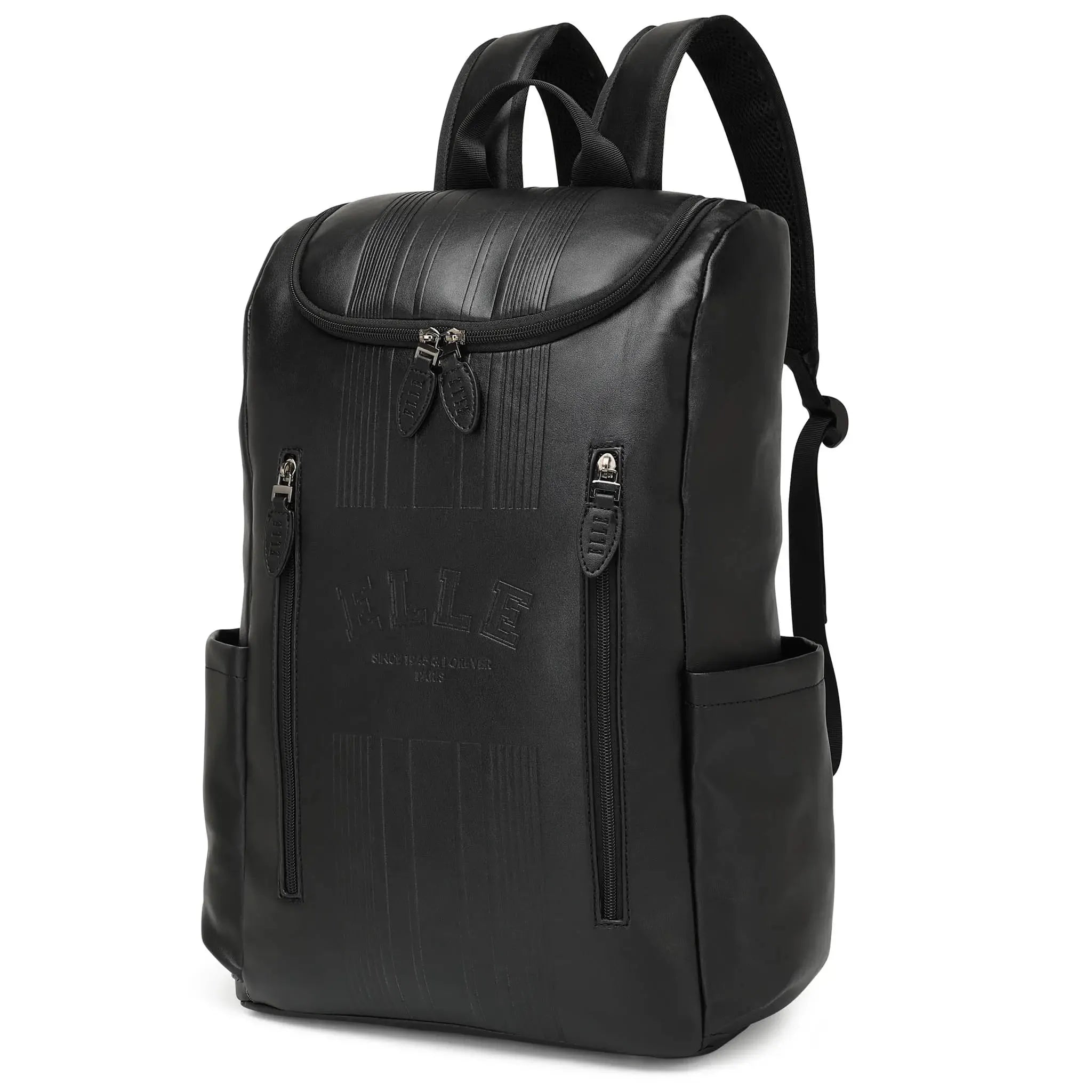 Black backpack with visible brand logo on a white background