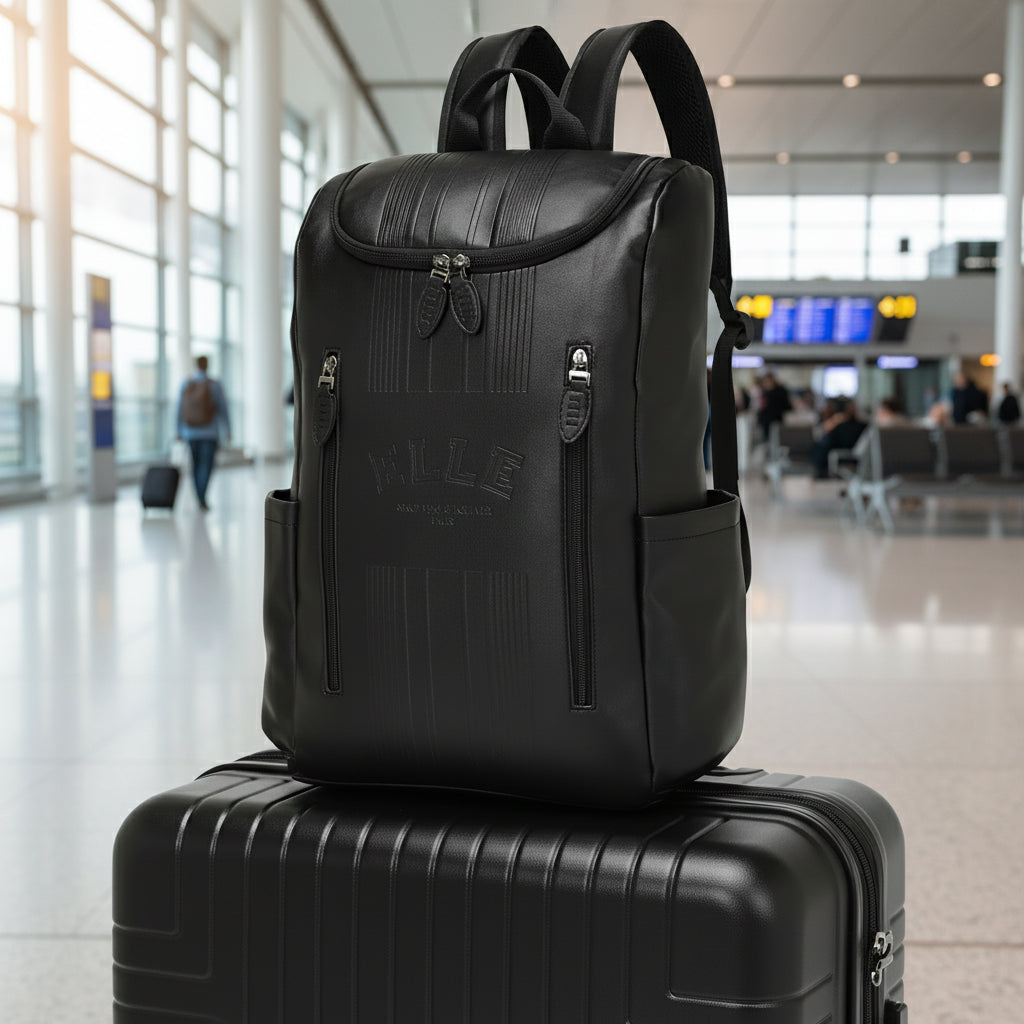 Black backpack with visible brand logo on a white background