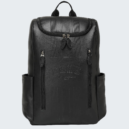Black backpack with visible branding on a white background