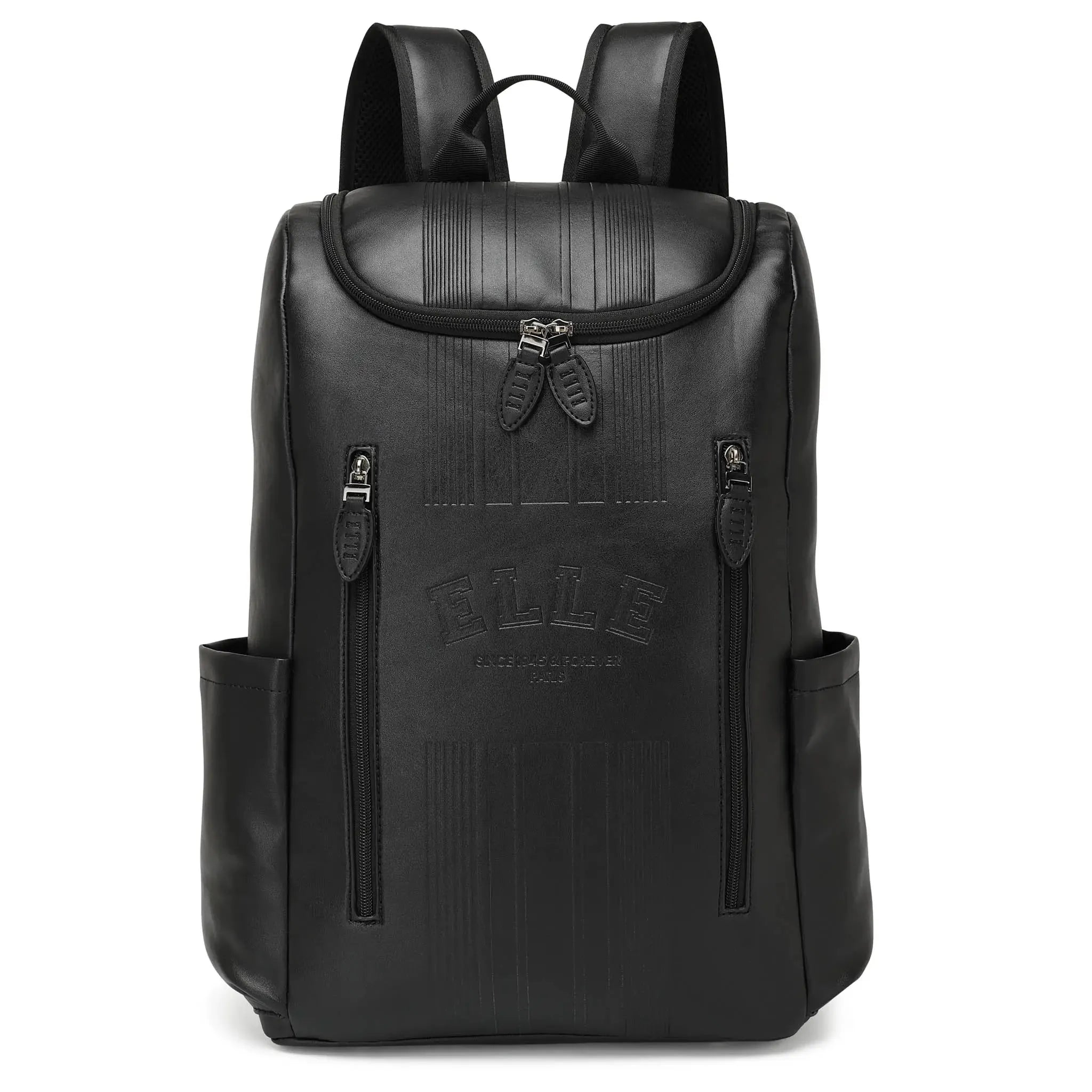Black backpack with visible branding on a white background