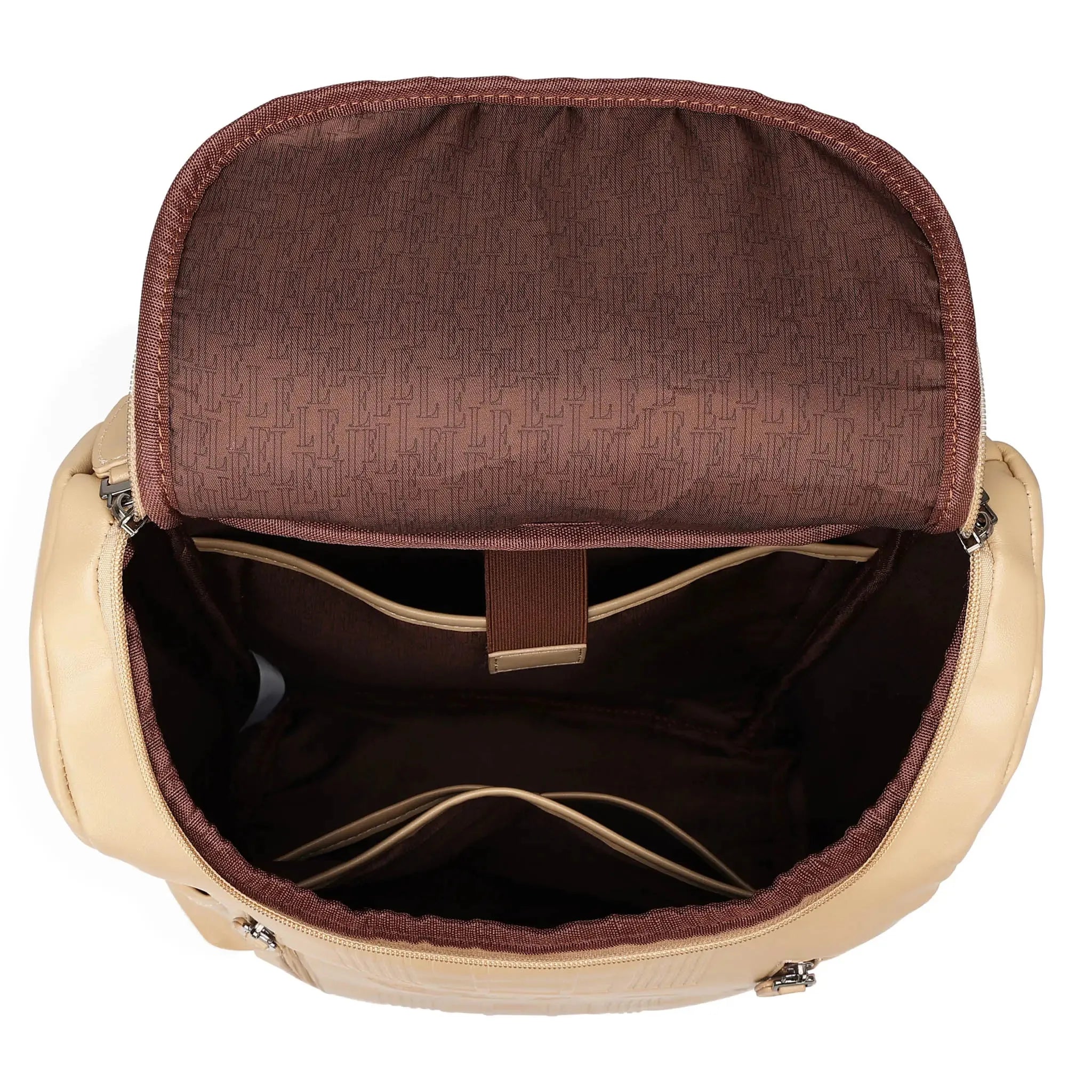 Beige backpack with open top showing brown interior on a white background