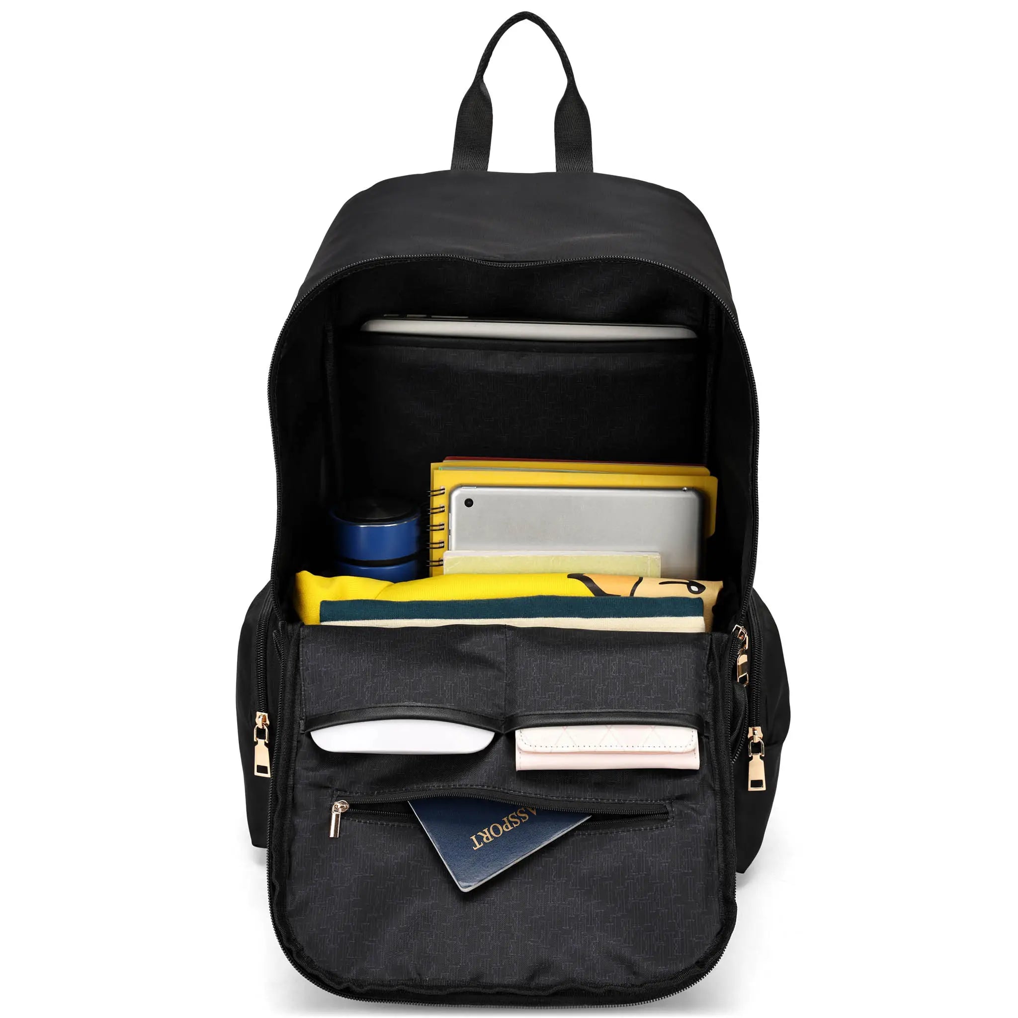 Black backpack with various items inside on a white background