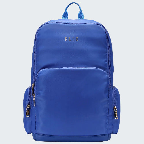 Blue backpack with 'ELLE' branding on a white background
