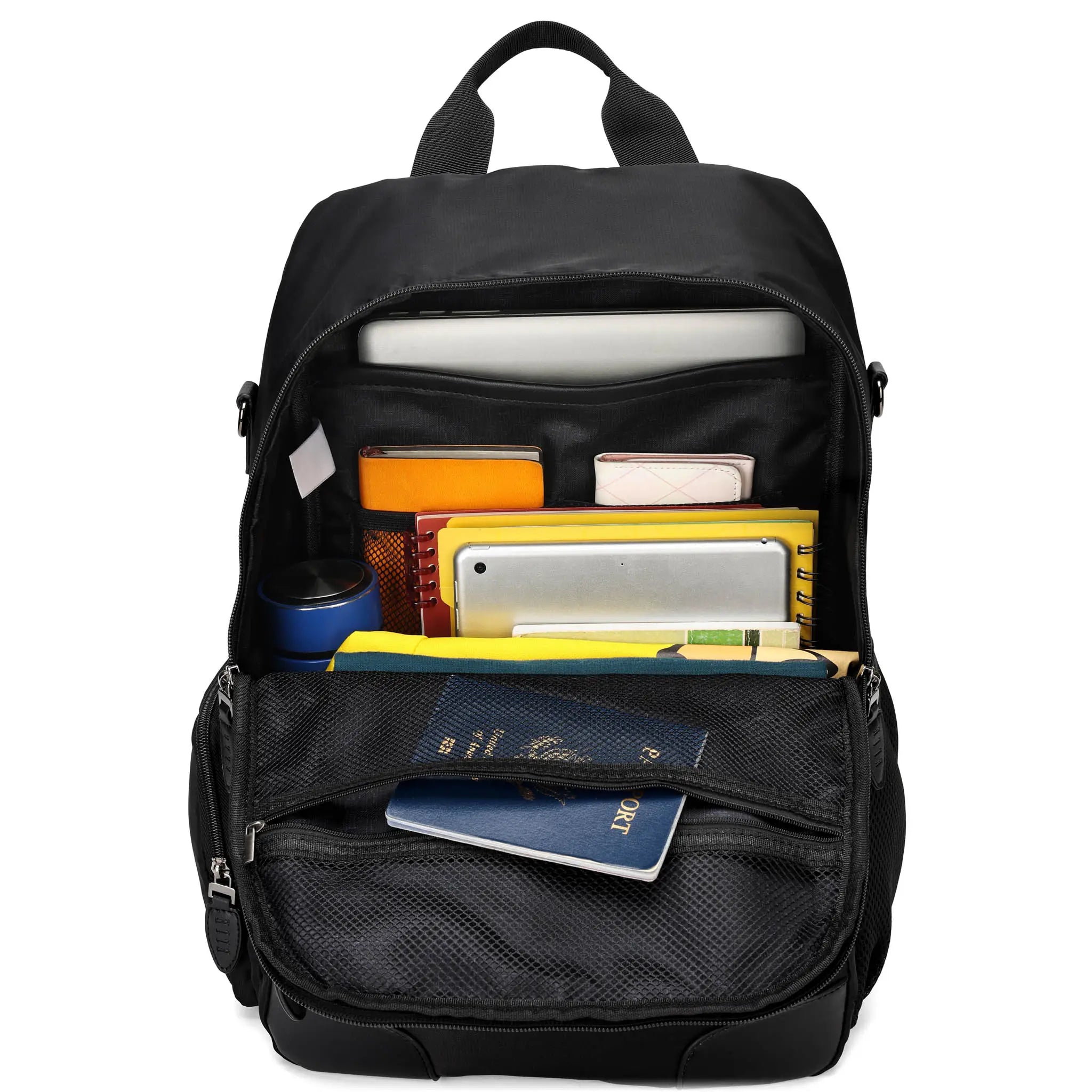 Black backpack with various items including books and a passport on a white background