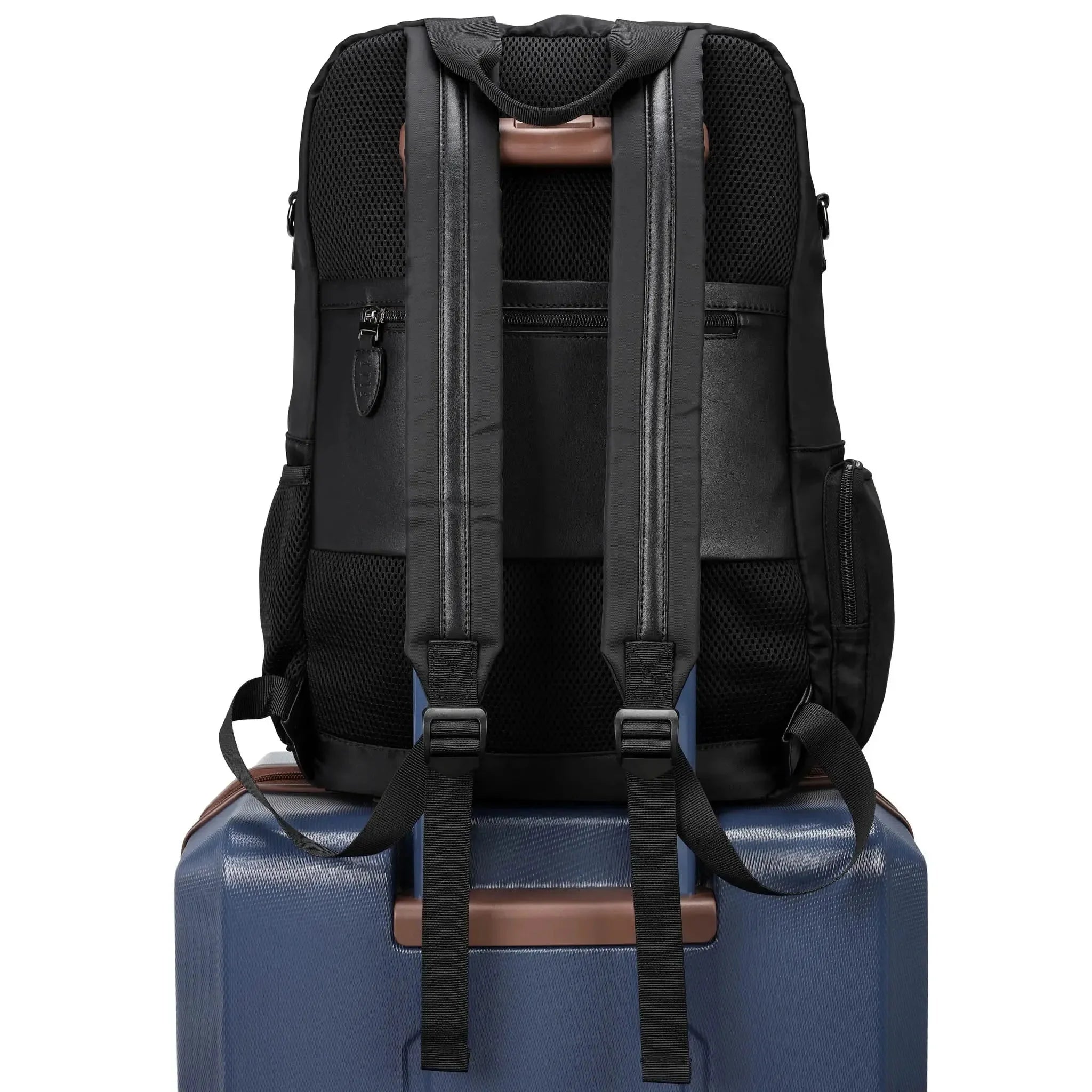 Black backpack on a blue suitcase with a white background