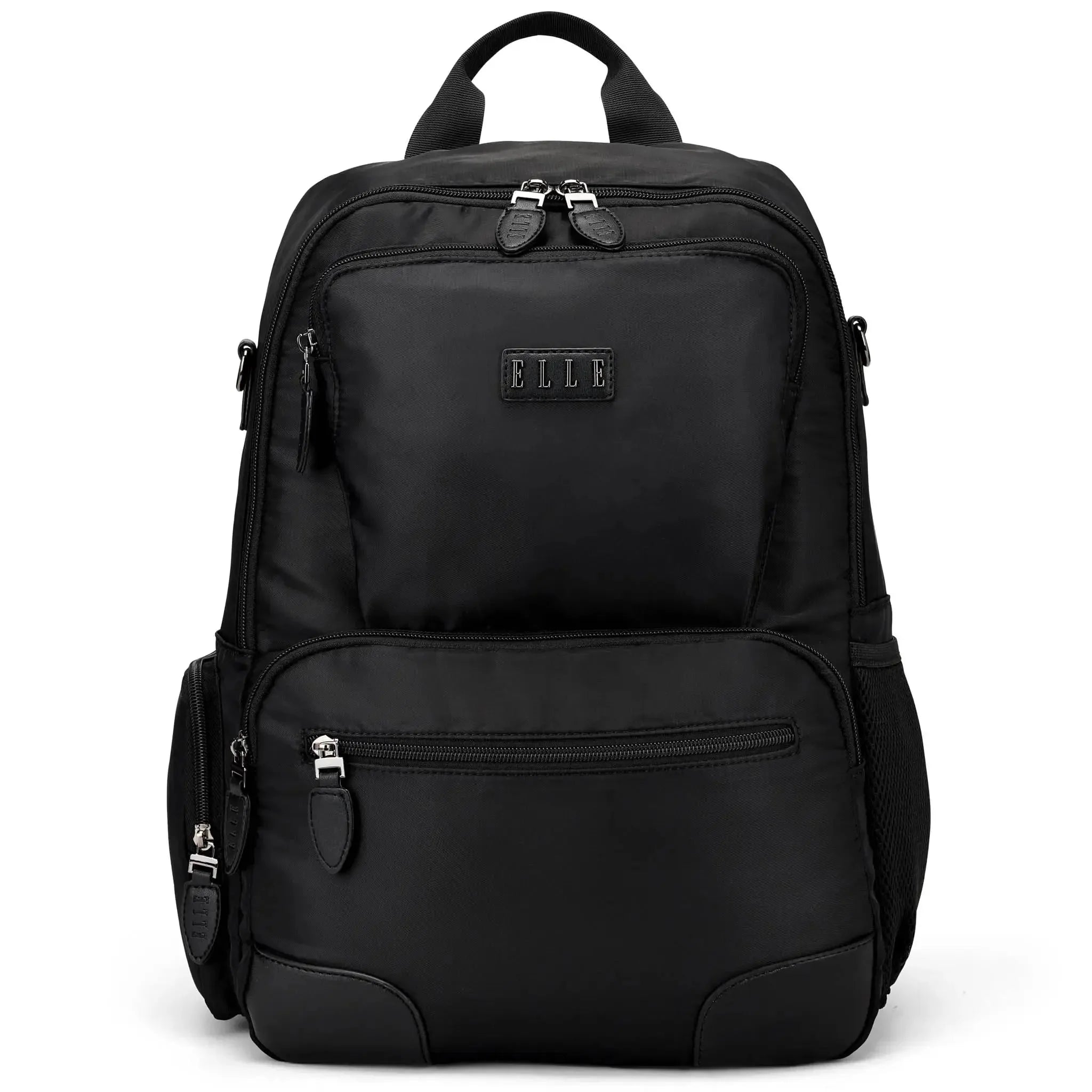 Black backpack with multiple pockets and zippers on a white background