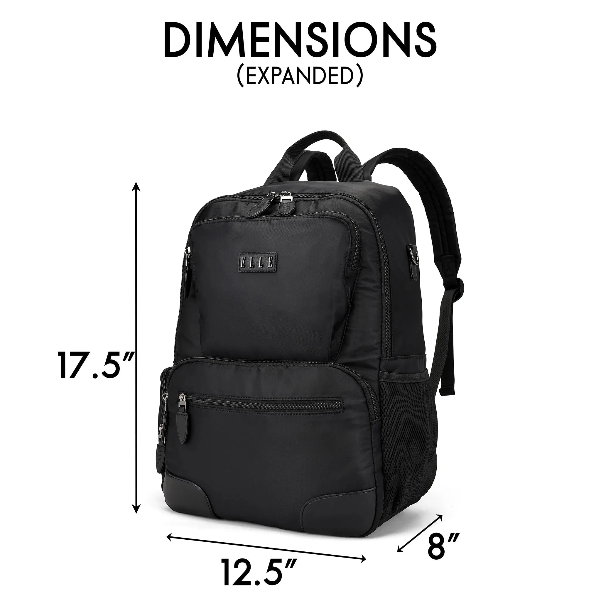 Black backpack with dimensions labeled on a white background