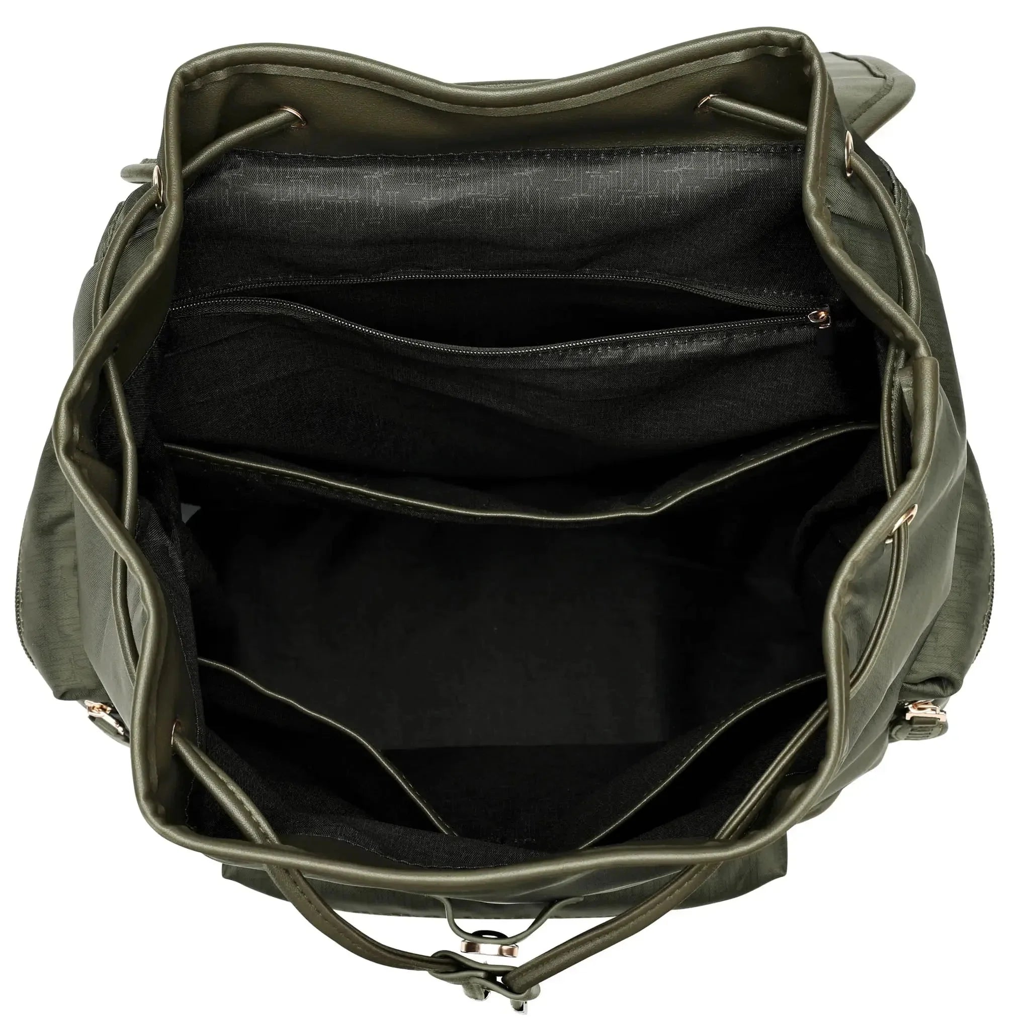 Green leather bag with open front showing interior