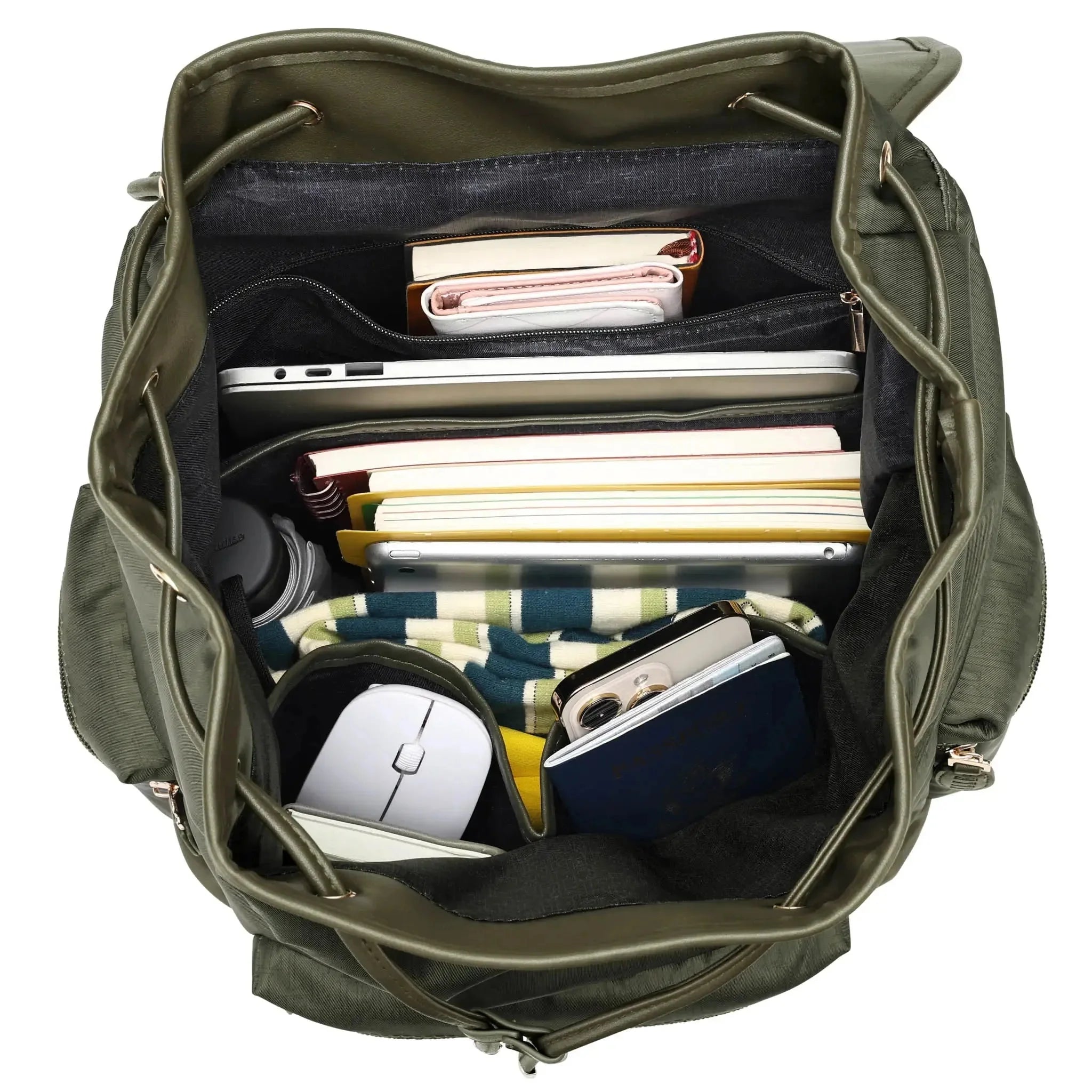 Green backpack with compartments containing electronic devices and office supplies on a white background