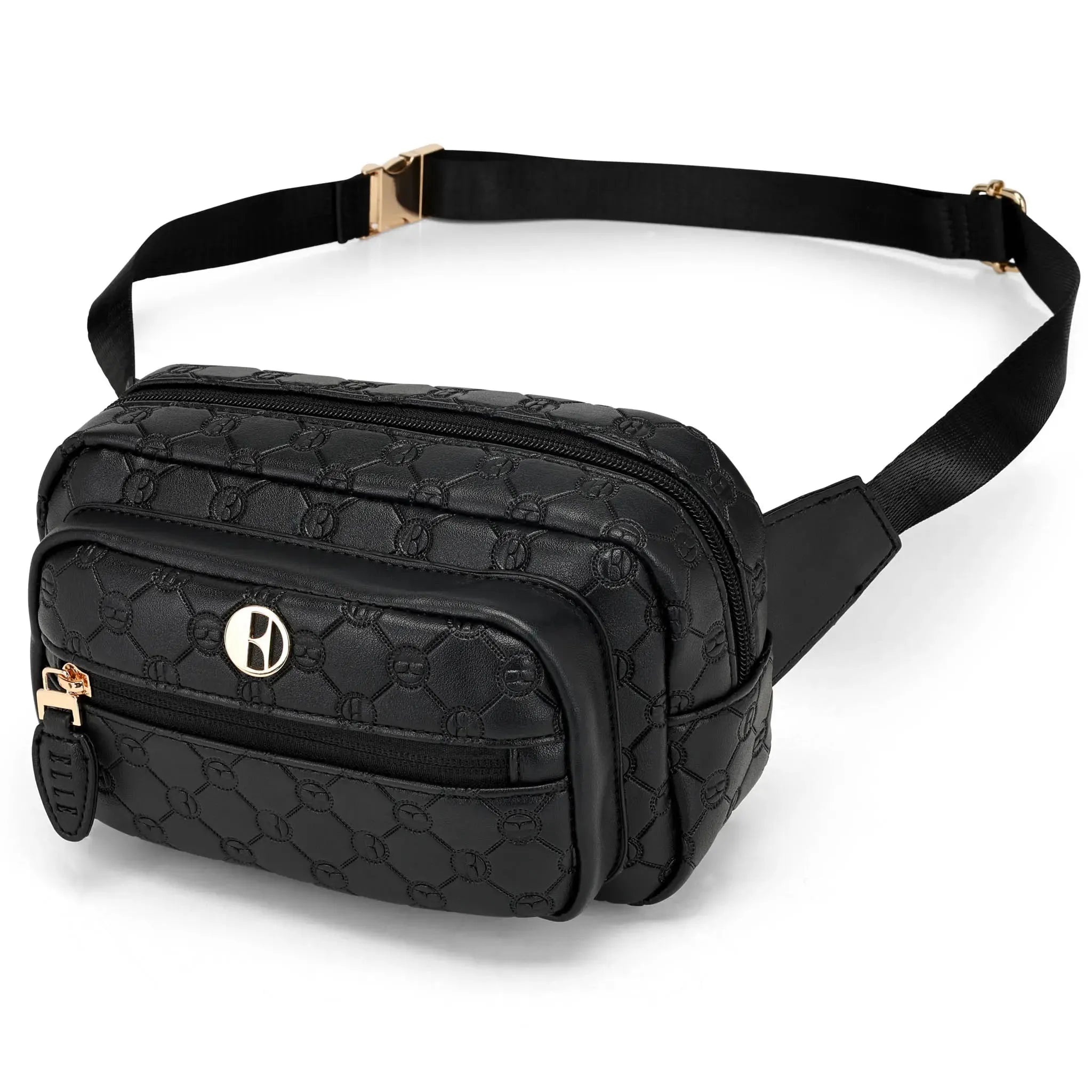 Black quilted waist bag with gold accents on a white background