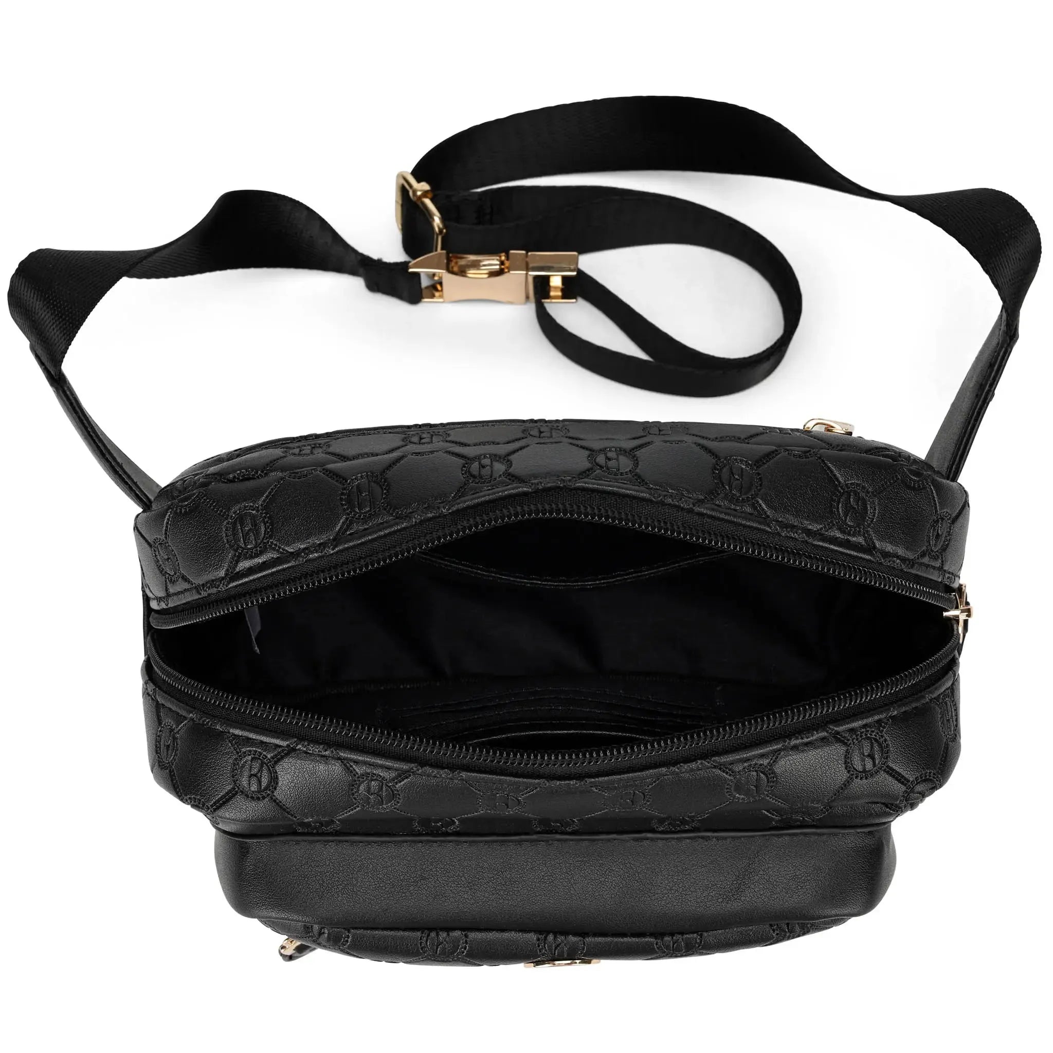 Black embossed handbag with a strap on a white background
