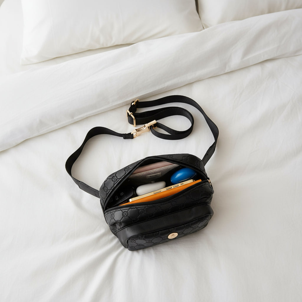 Black handbag with a gold clasp, containing a smartphone and other items on a white background