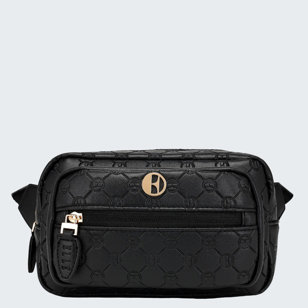 Black patterned bag with a gold logo on a white background