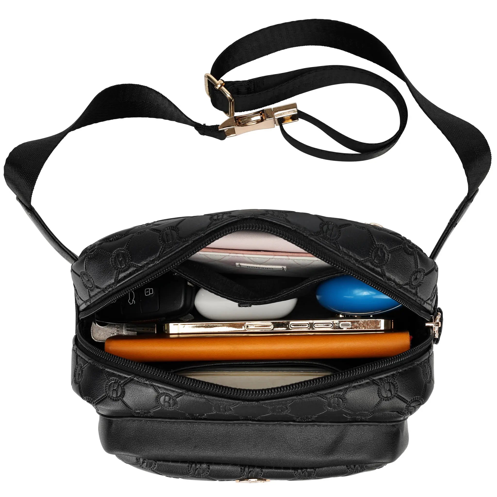 Black handbag with a gold clasp containing electronic devices on a white background