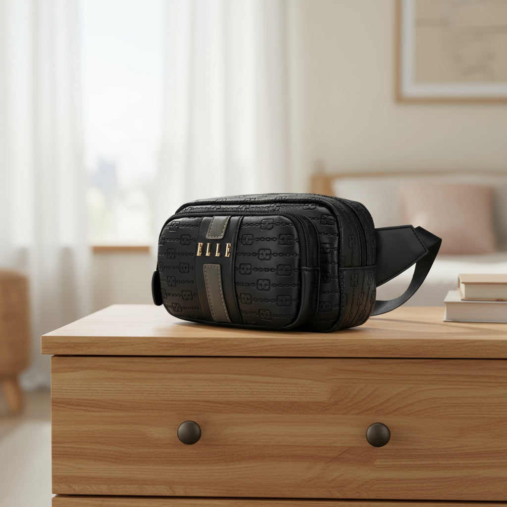 Black textured waist bag with visible brand logo on a white background
