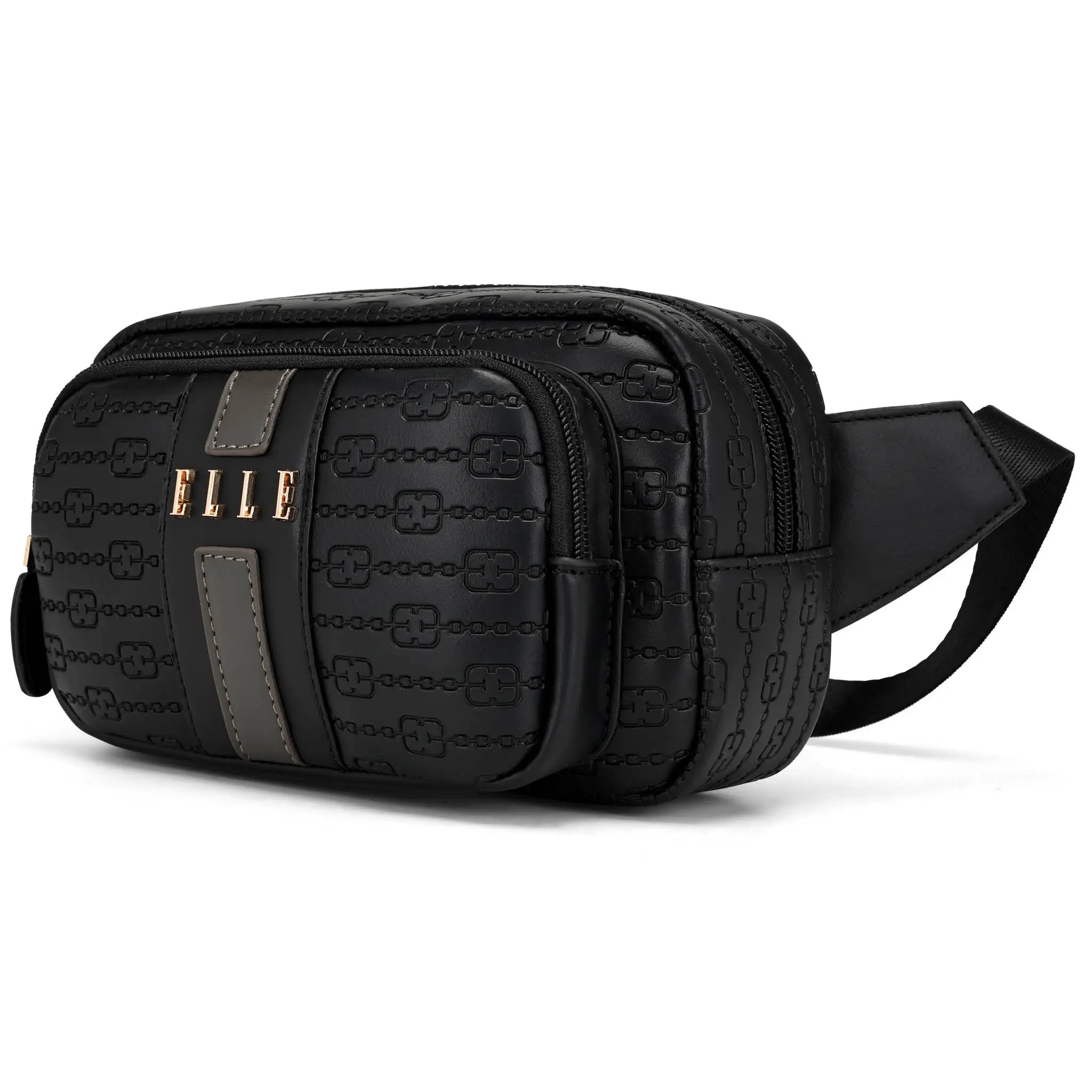 Black textured waist bag with visible brand logo on a white background