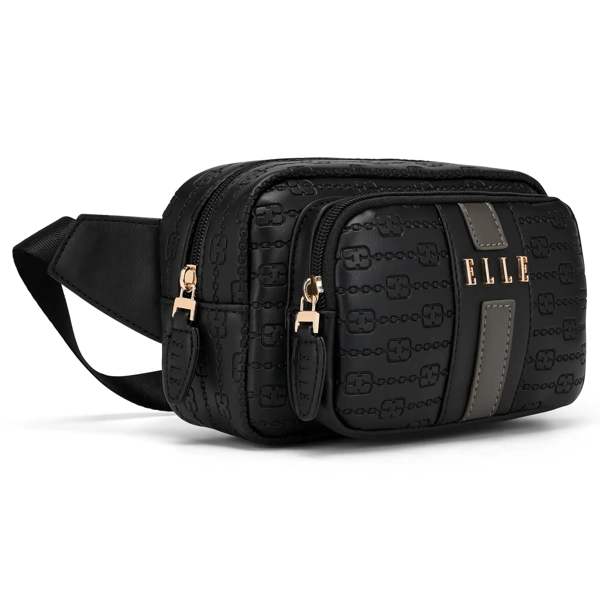 Black textured waist bag with gold accents on a white background