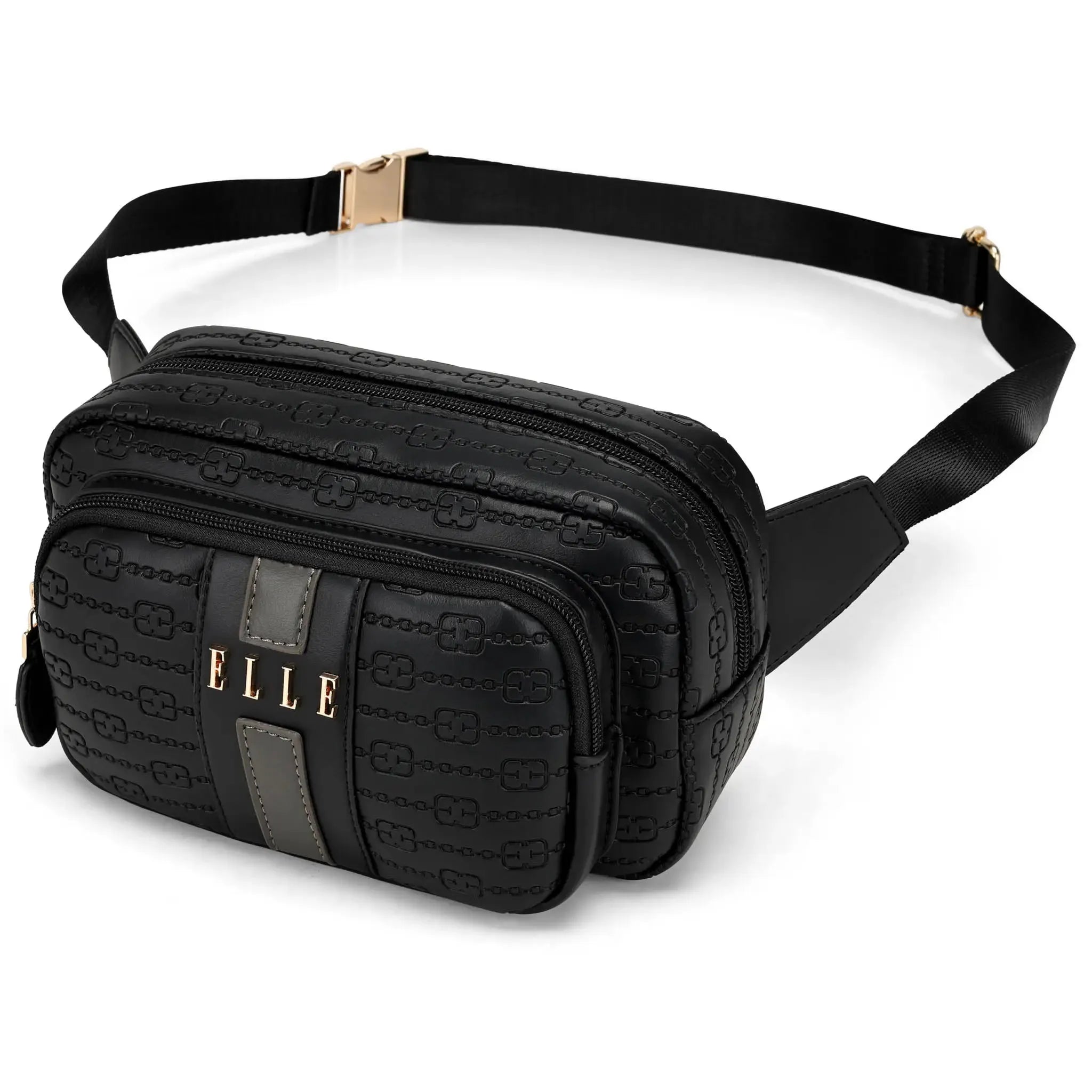 Black patterned waist bag with 'ELLE' branding on a white background