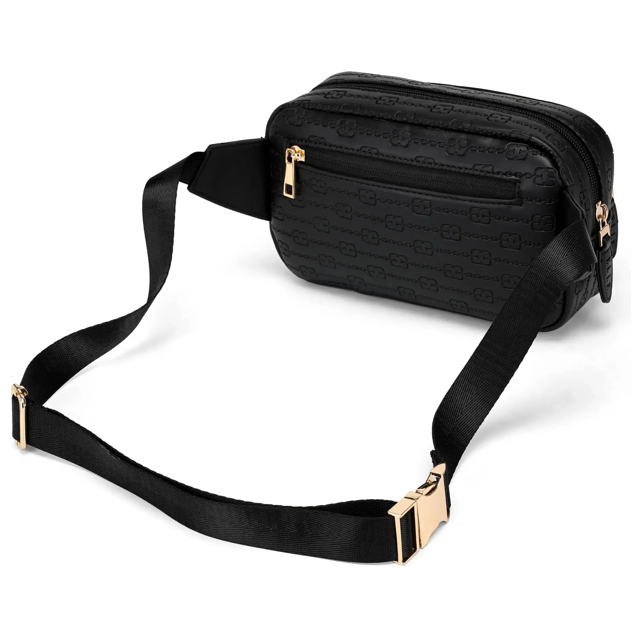 Black waist bag with gold zippers on a white background