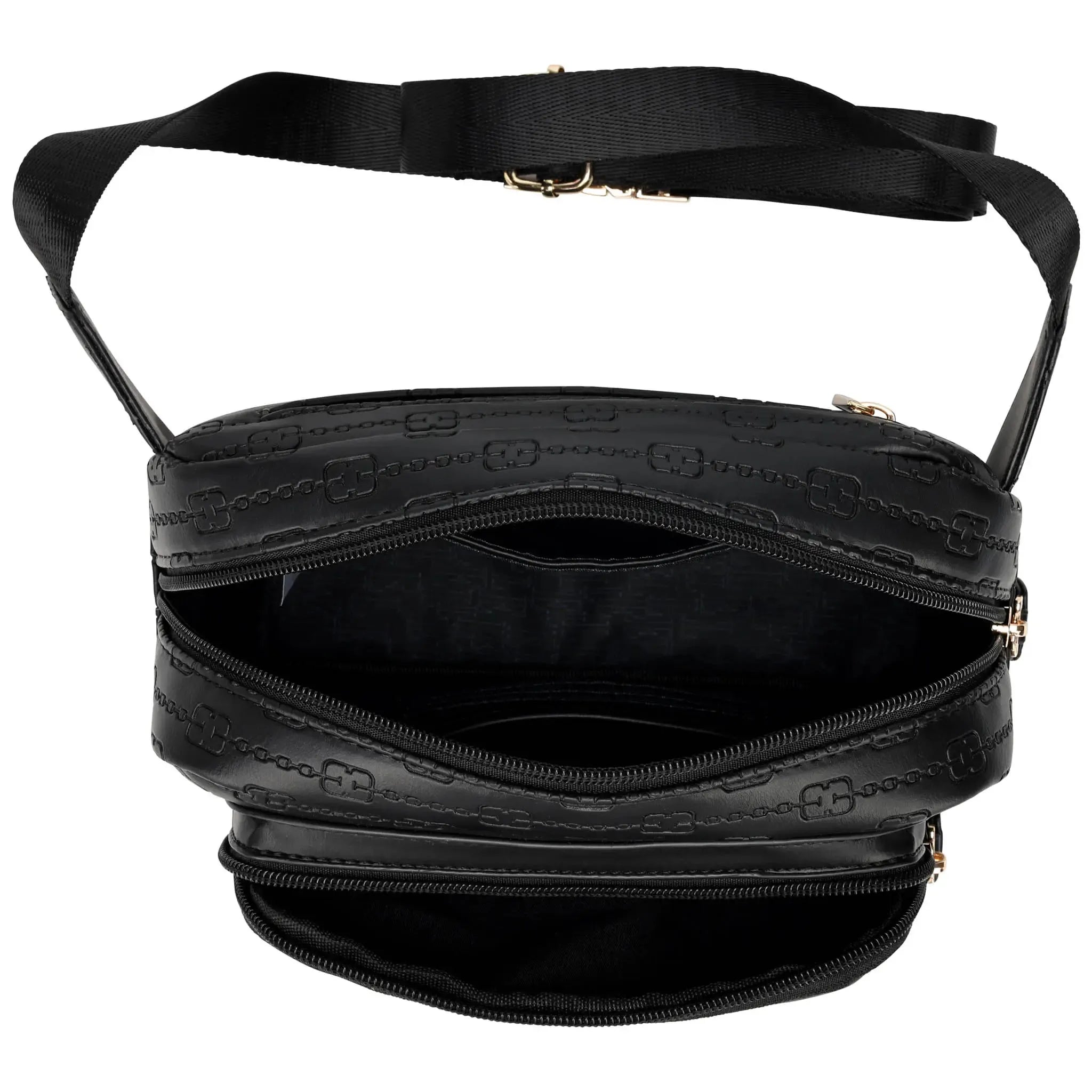 Black handbag with a textured surface and visible brand logo on a white background