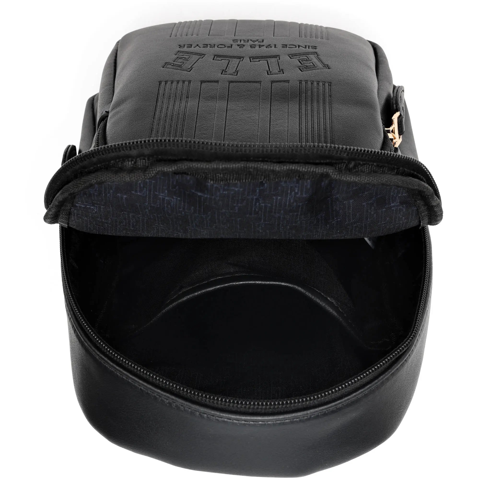 Black backpack with open front pocket on a white background