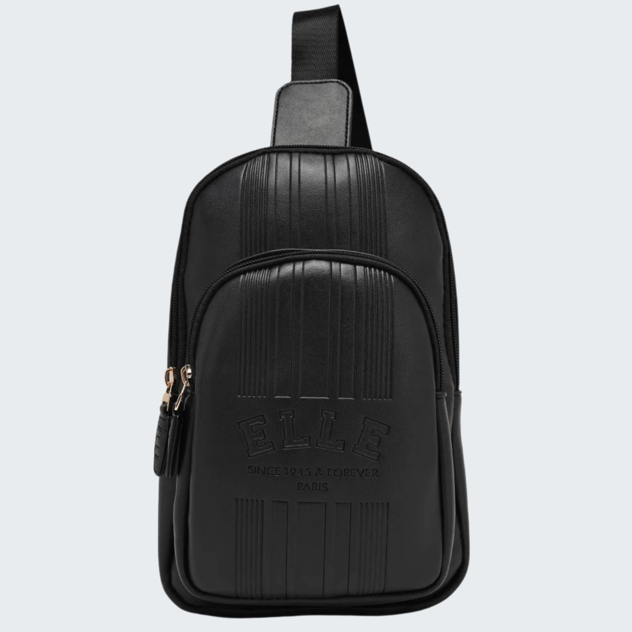 Black leather sling bag with brand logo on a white background