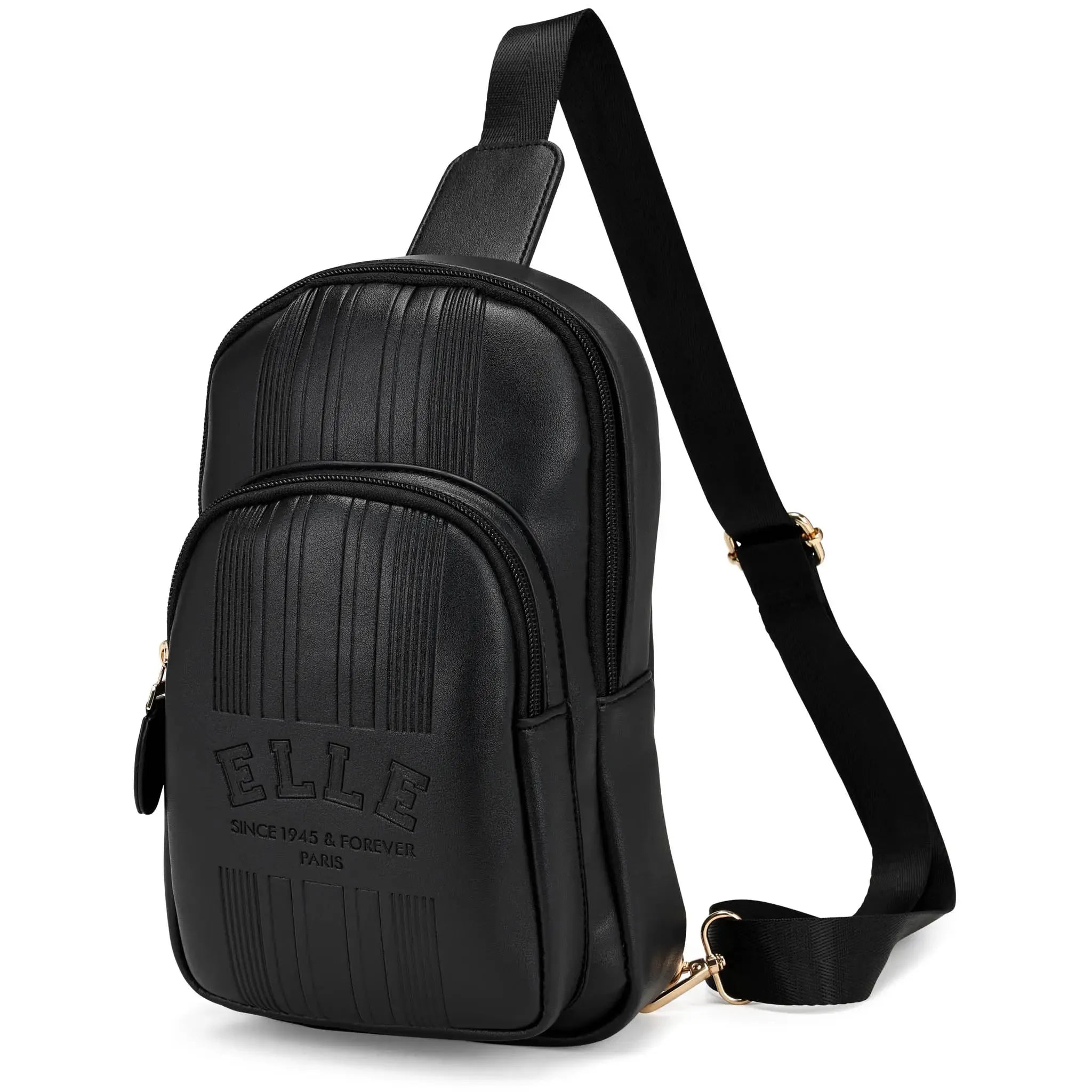 Black sling bag with 'ELLE' branding on a white background