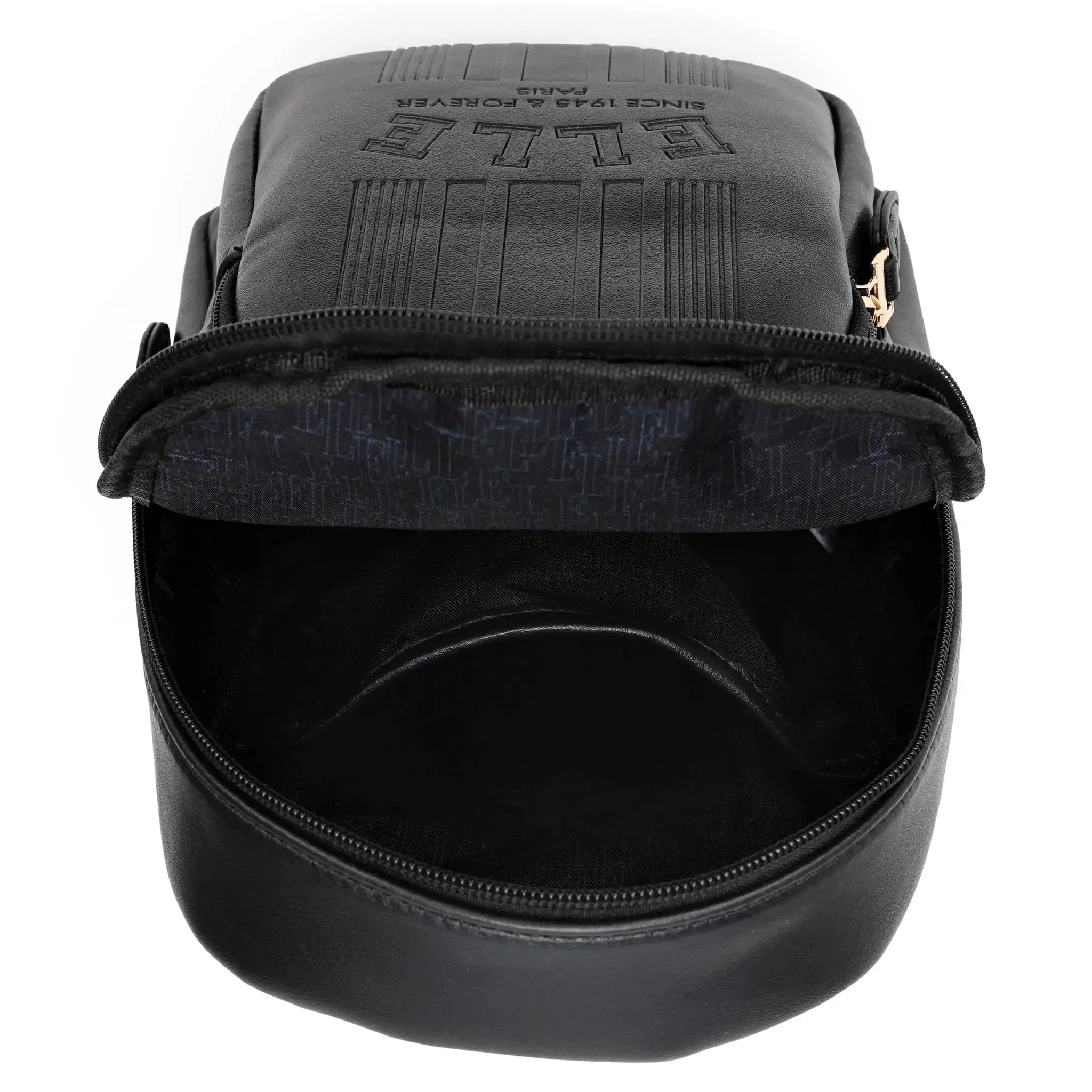 Black backpack with brand logo on a white background