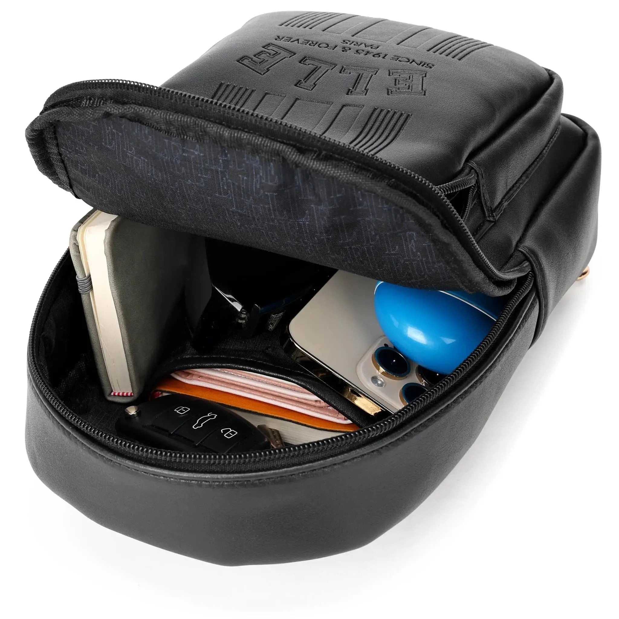 Black travel case with compartments containing electronic devices and personal items on a white background