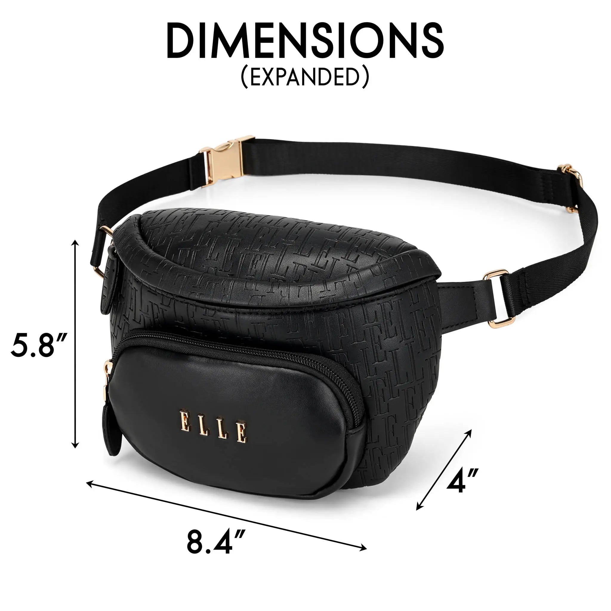 Black textured fanny pack with 'ELLE' branding and dimensions on a white background
