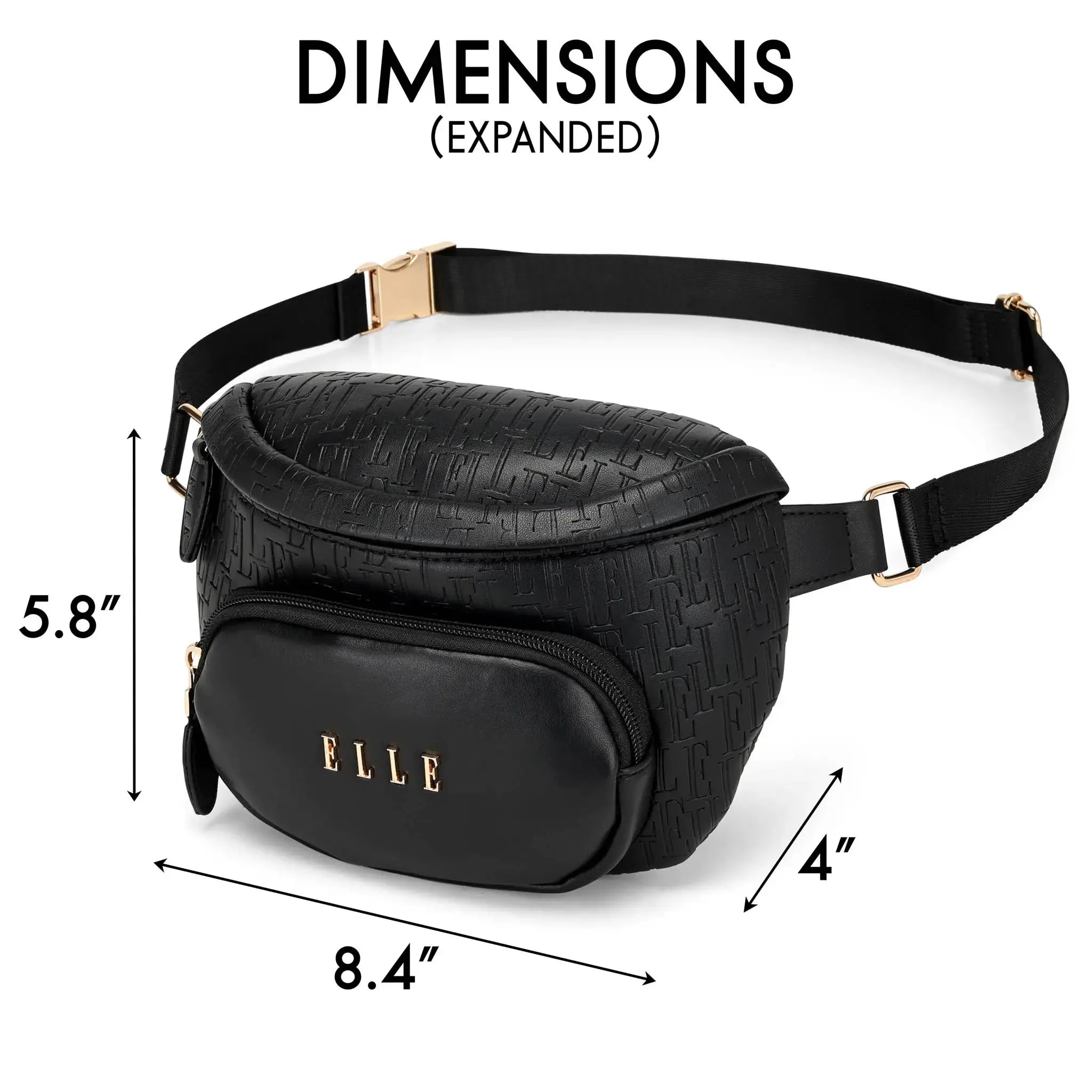 Black textured fanny pack with 'ELLE' branding and dimensions on a white background