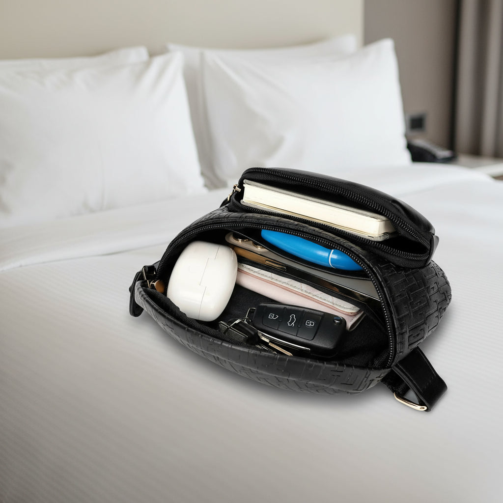 Black crossbody bag with various items including a phone, keys, and a white object.