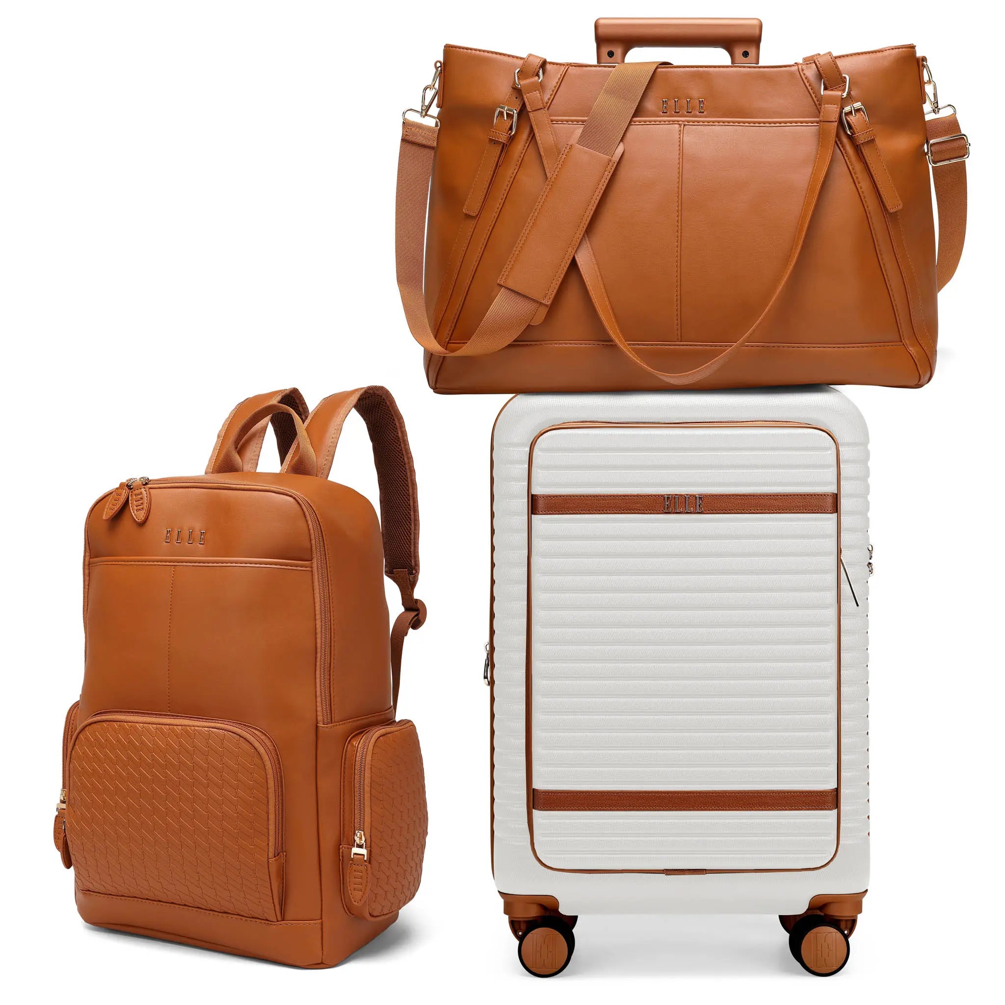 Brown leather backpack and shoulder bag with a white suitcase on a white background