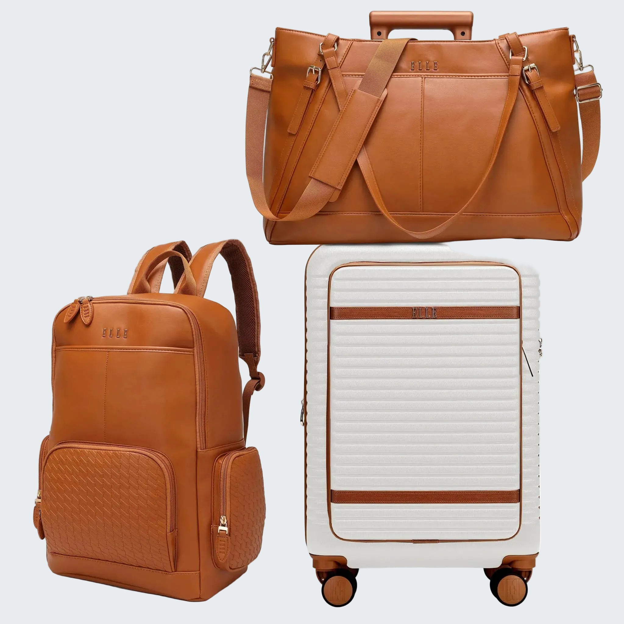 Collection of brown leather bags including a backpack, duffel bag, and suitcase on a white background.