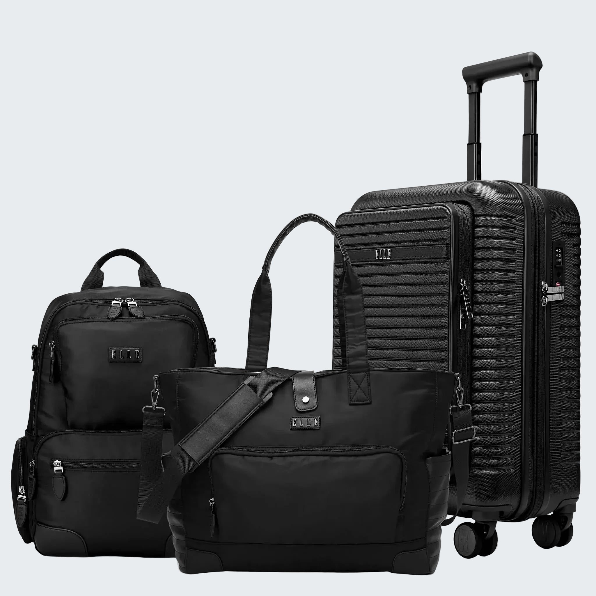Set of black travel bags including a suitcase, backpack, and shoulder bag on a white background.