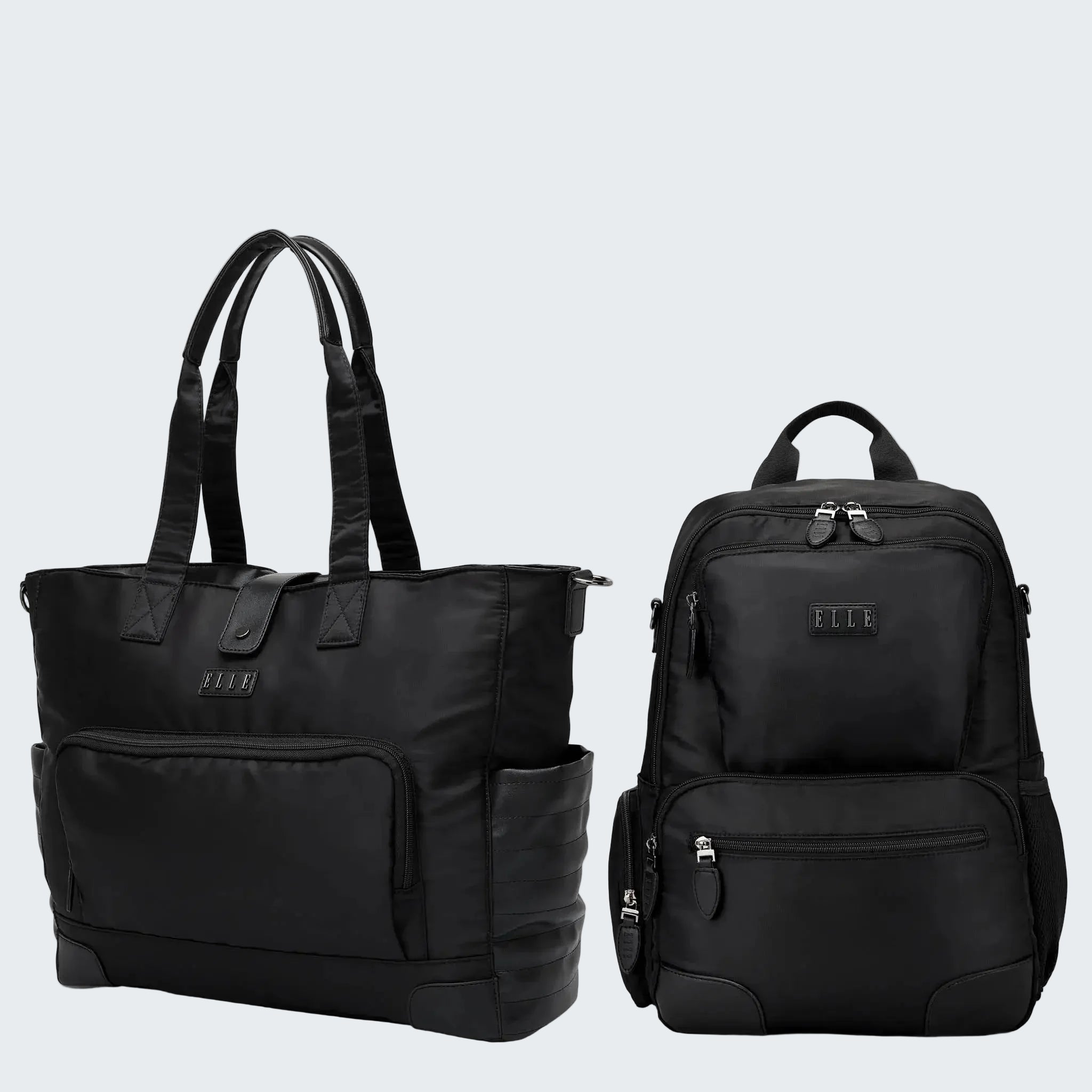 Black tote bag and backpack on a white background