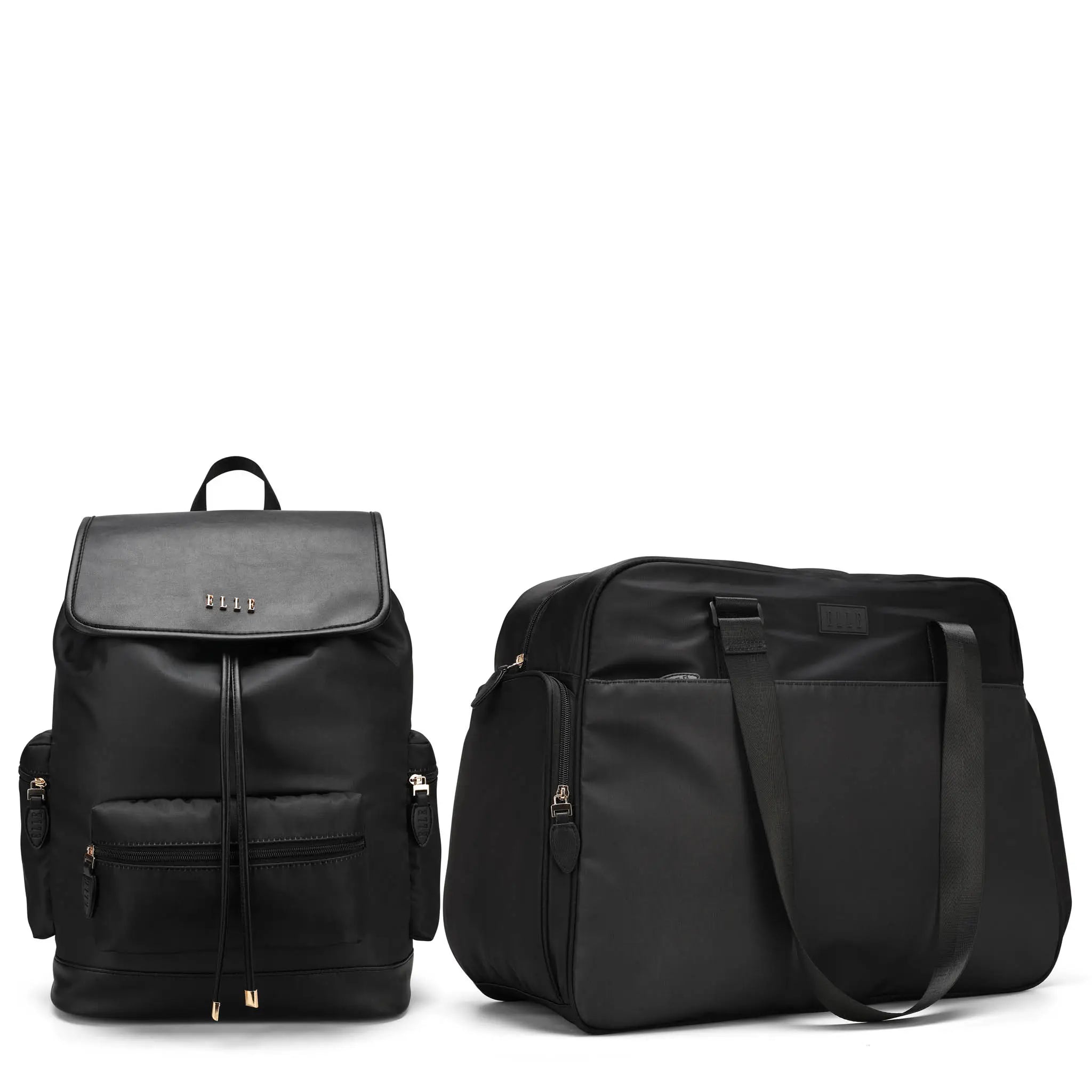 Two black backpacks on a white background